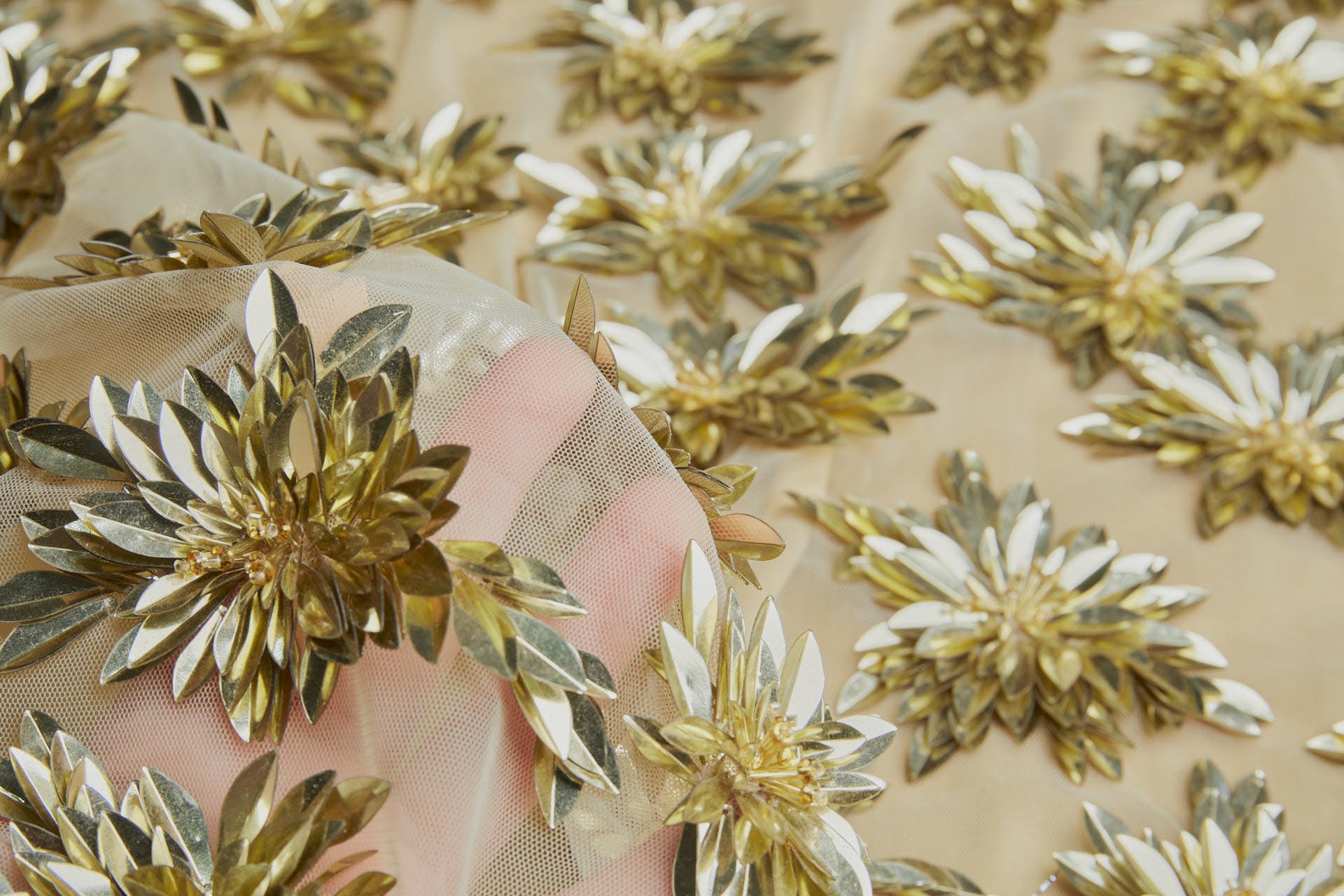 Gold Sequin Flowers on Pale Gold Tulle fabric, image 4 of 8