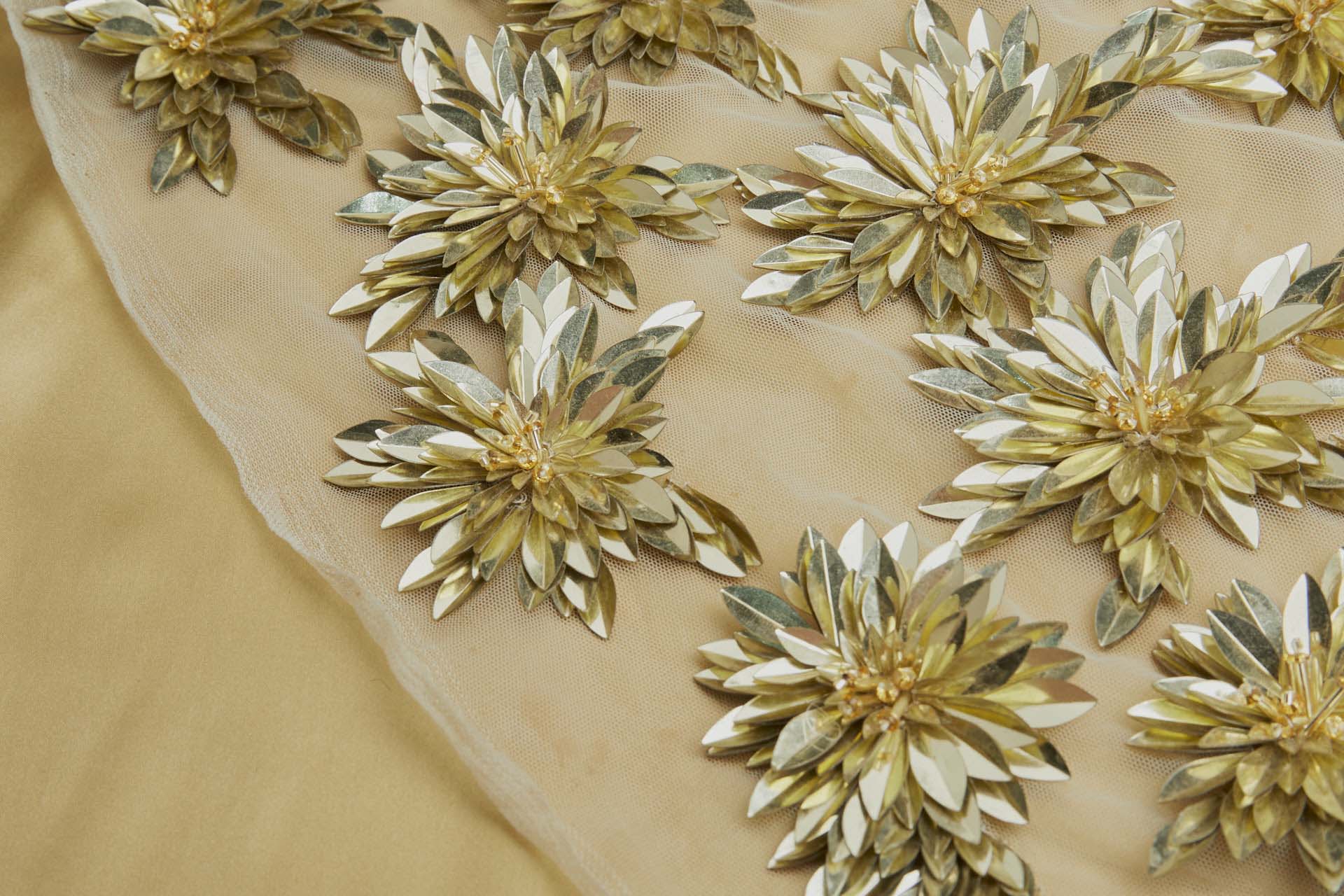 Gold Sequin Flowers on Pale Gold Tulle fabric, image 5 of 8