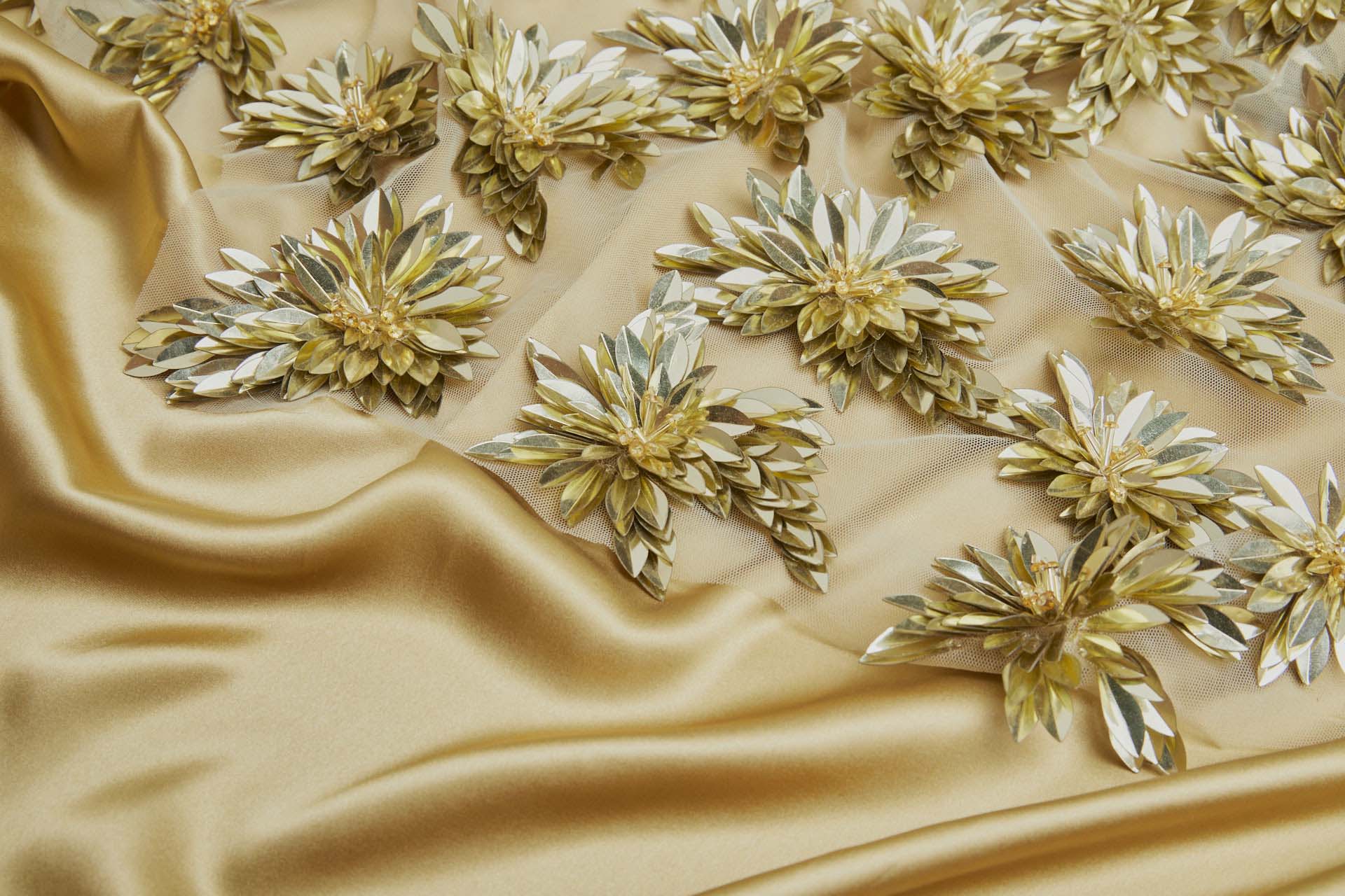 Gold Sequin Flowers on Pale Gold Tulle fabric