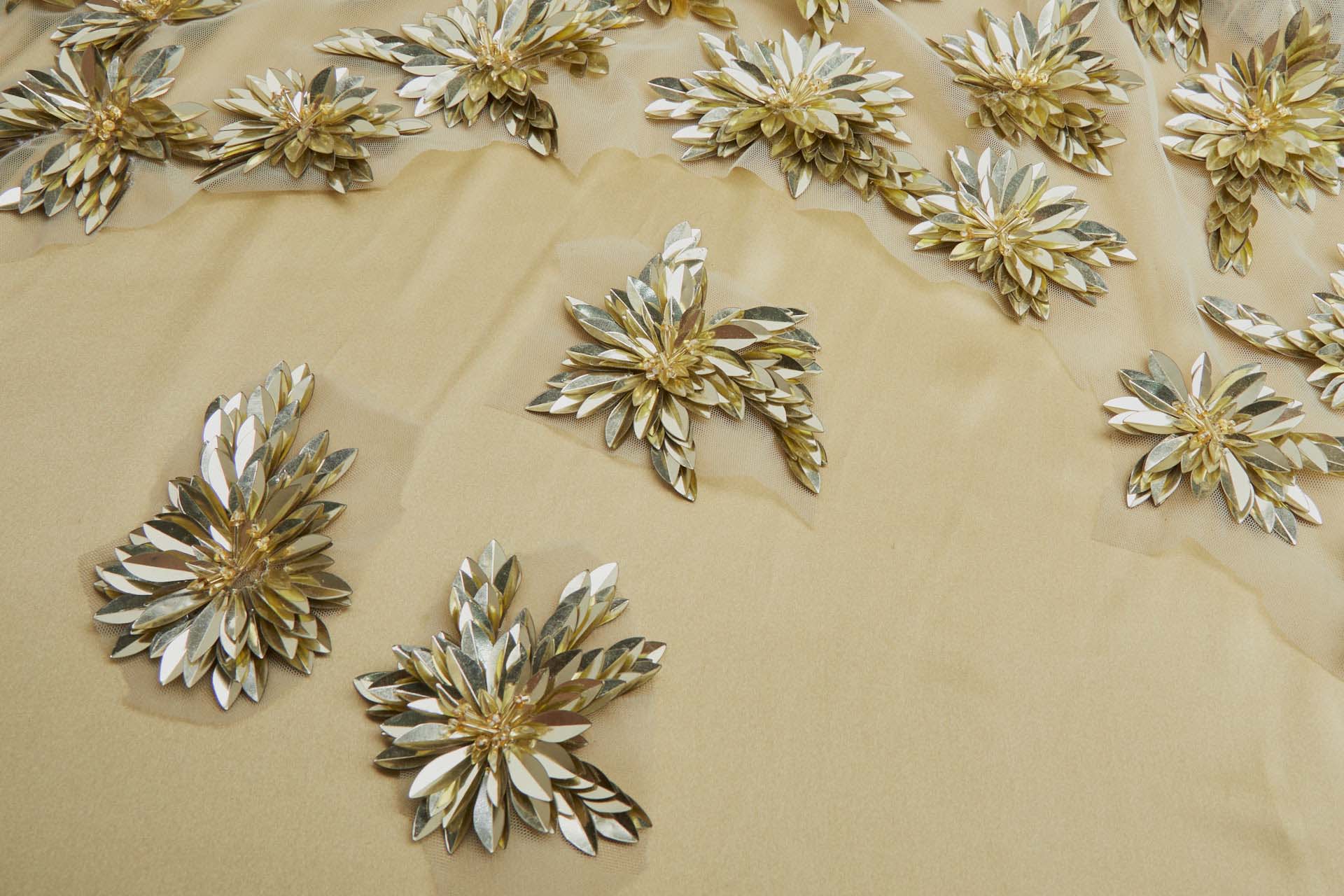 Gold Sequin Flowers on Pale Gold Tulle fabric, image 6 of 8