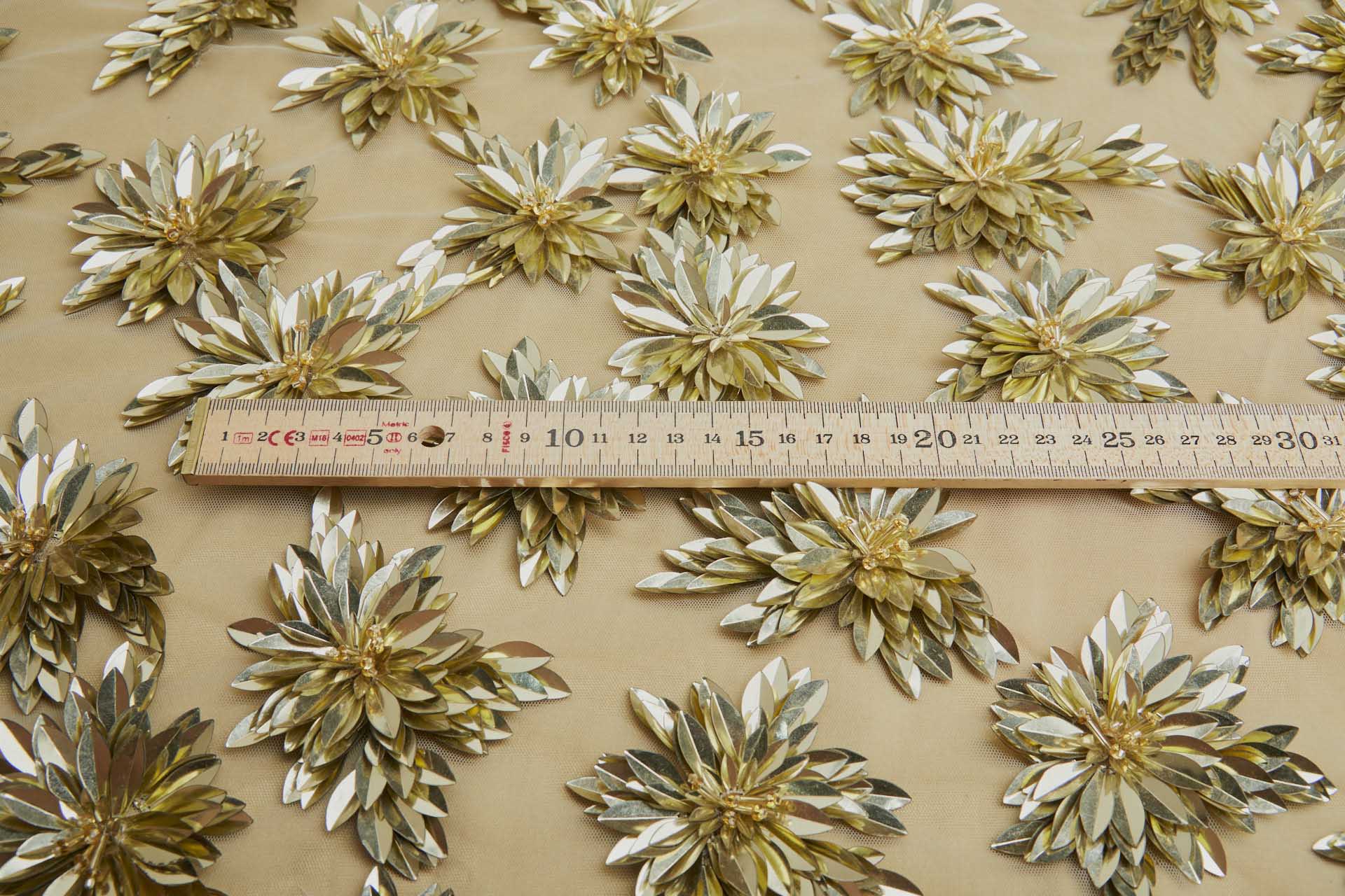 Gold Sequin Flowers on Pale Gold Tulle fabric, image 7 of 8