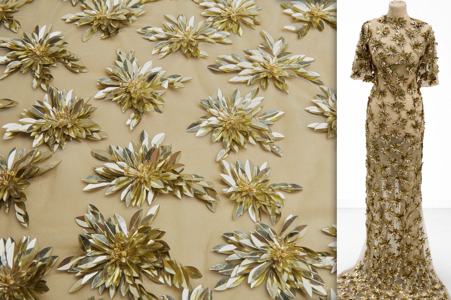 Gold Sequin Flowers on Pale Gold Tulle fabric, image 2 of 8