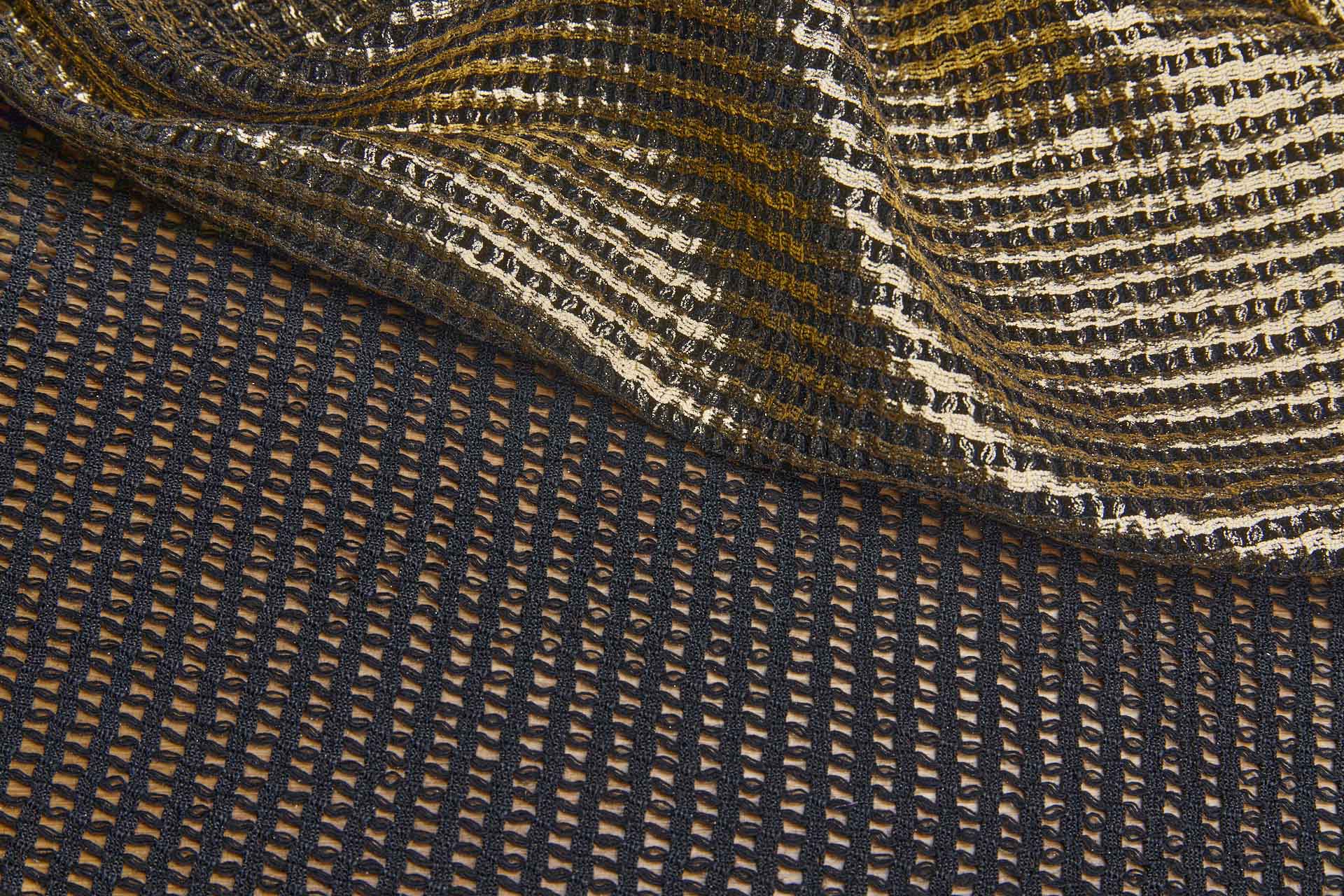 Gold Foil Printed Black Cotton Mesh Weave fabric, image 7 of 8