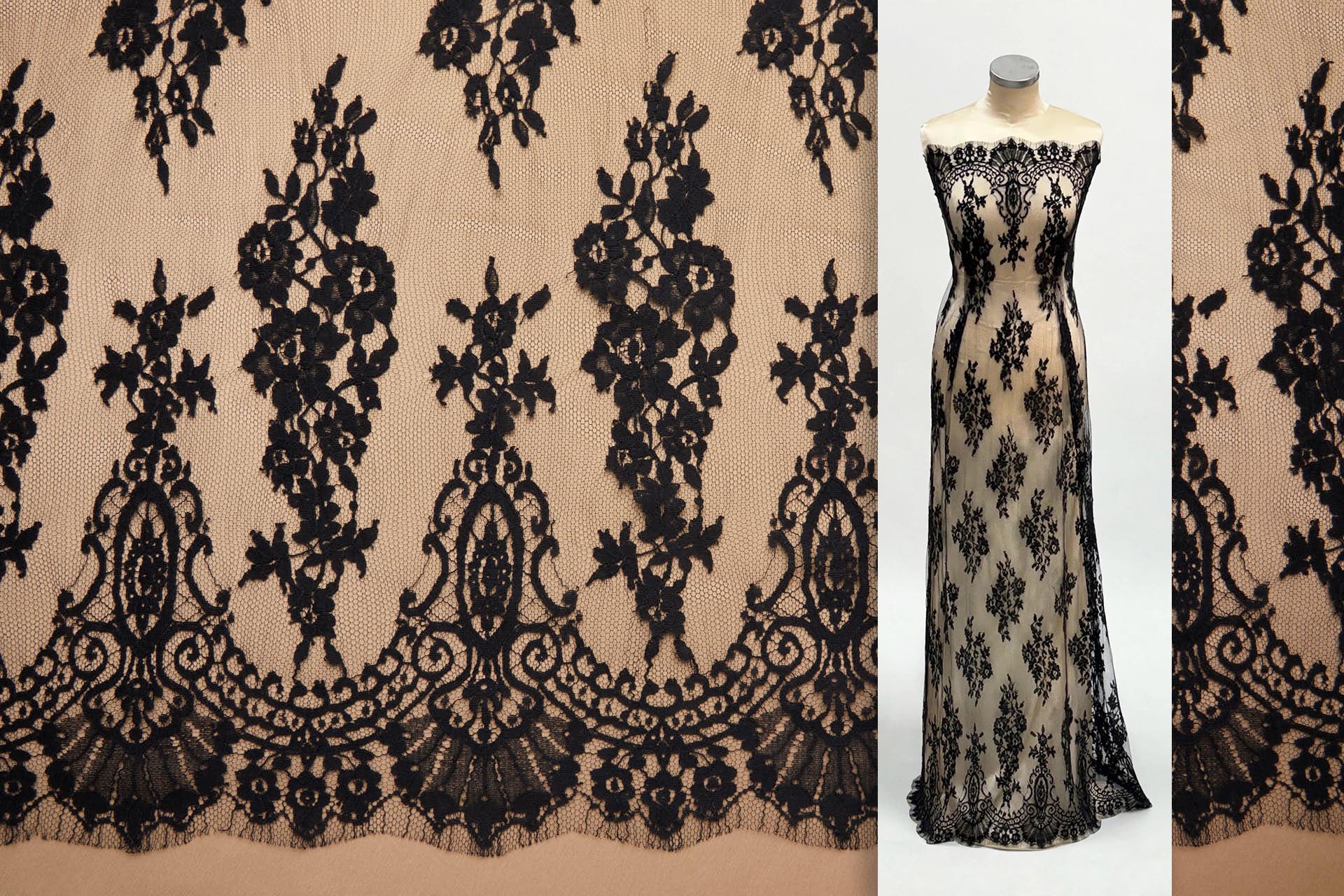 Decorative Border Floral Leavers Lace in Black fabric