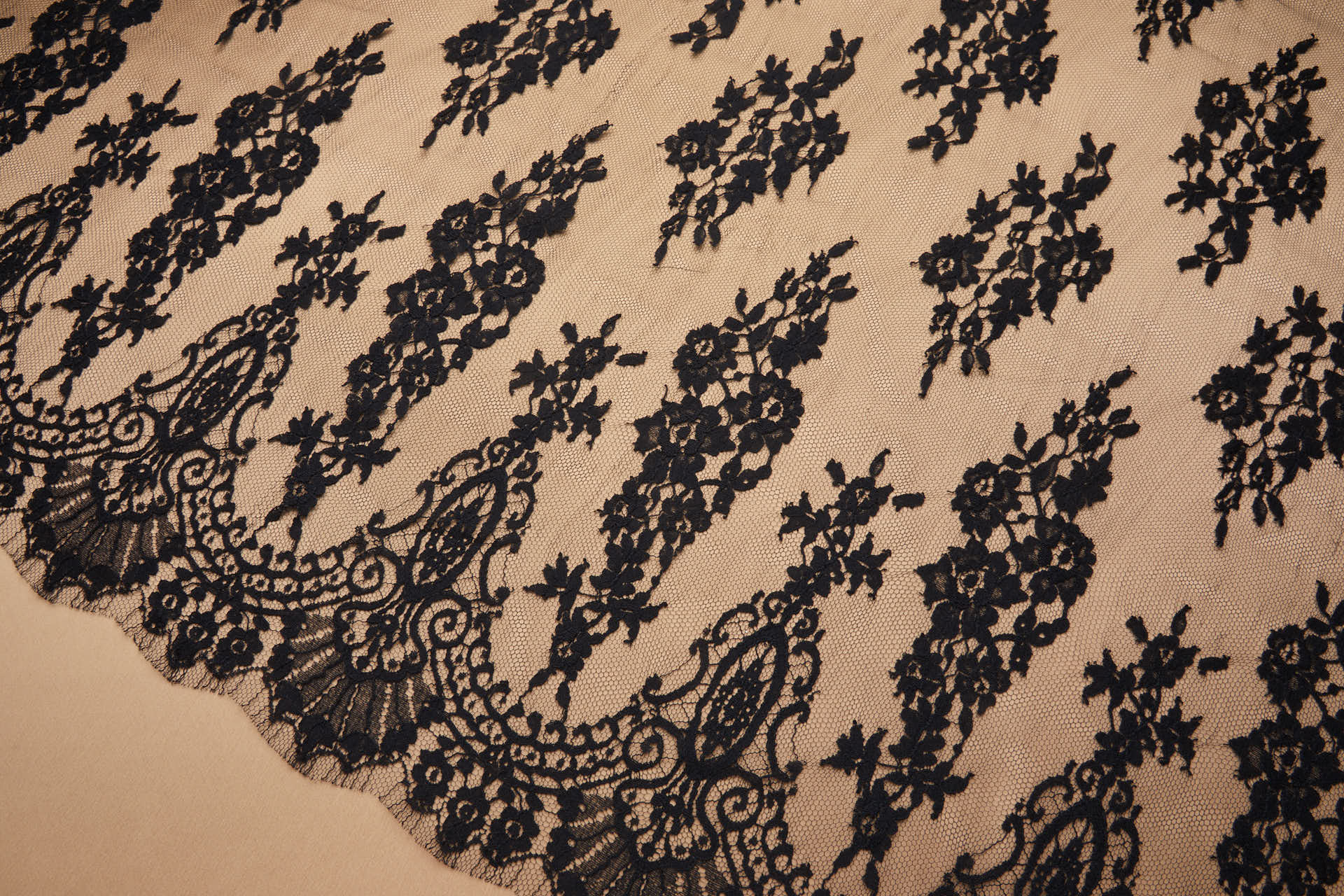 Decorative Border Floral Leavers Lace in Black fabric, image 7 of 8