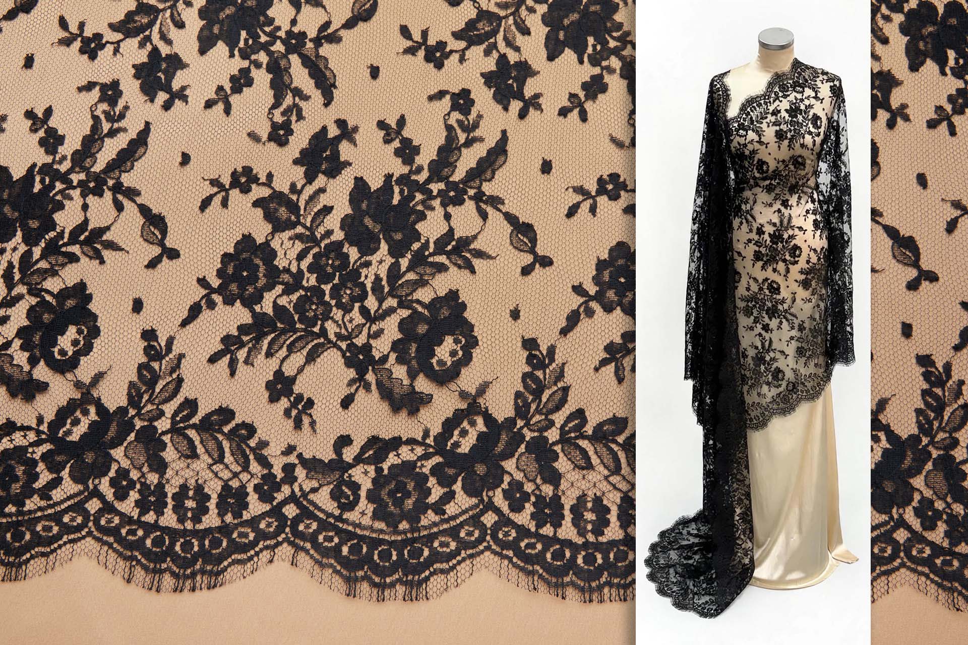 Classic Floral Bouquet Leavers Lace in Black - 90cm fabric