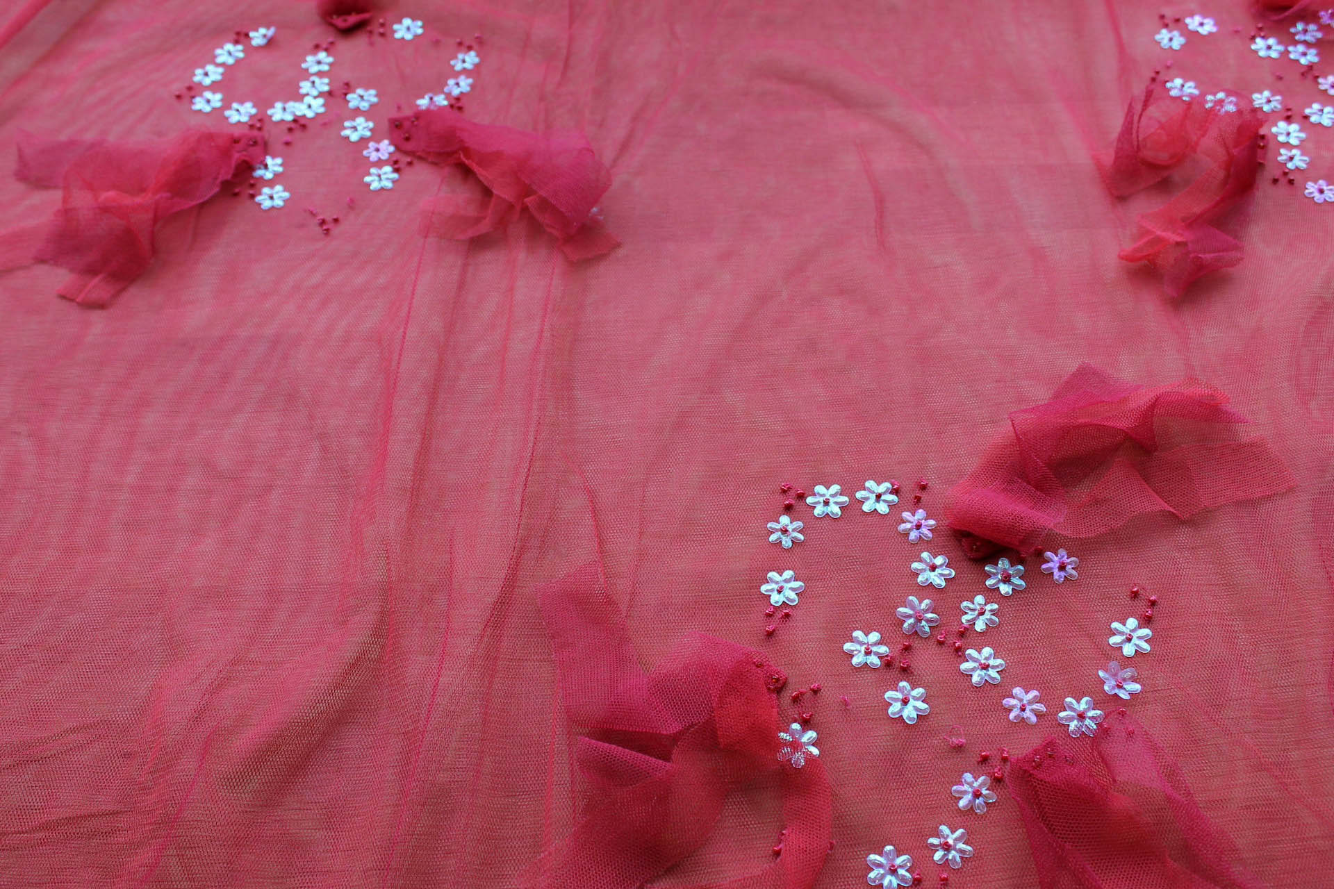 Layered Red Tulle with Tassels and Flower Sequins fabric, image 2 of 4