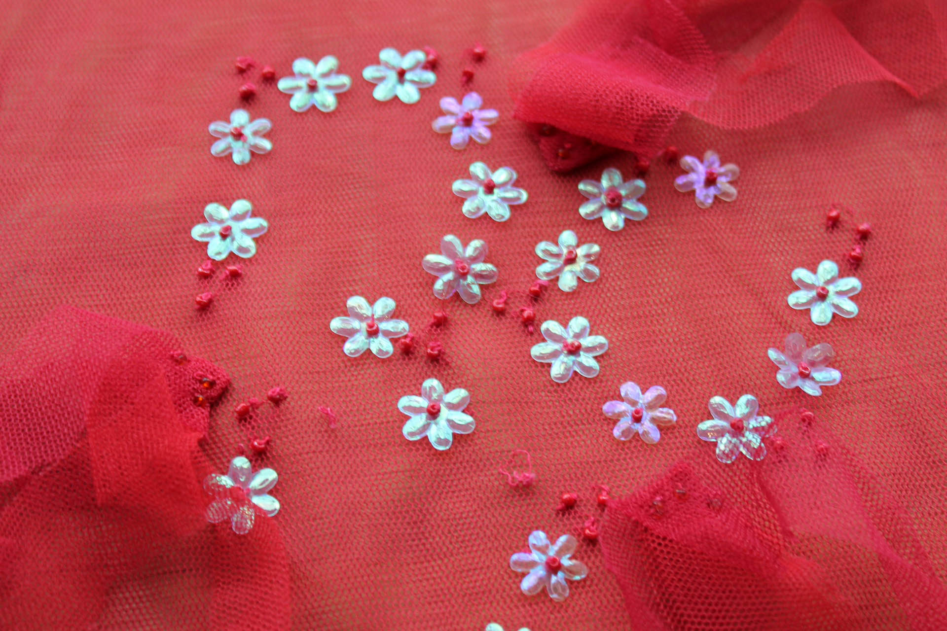 Layered Red Tulle with Tassels and Flower Sequins fabric, image 3 of 4