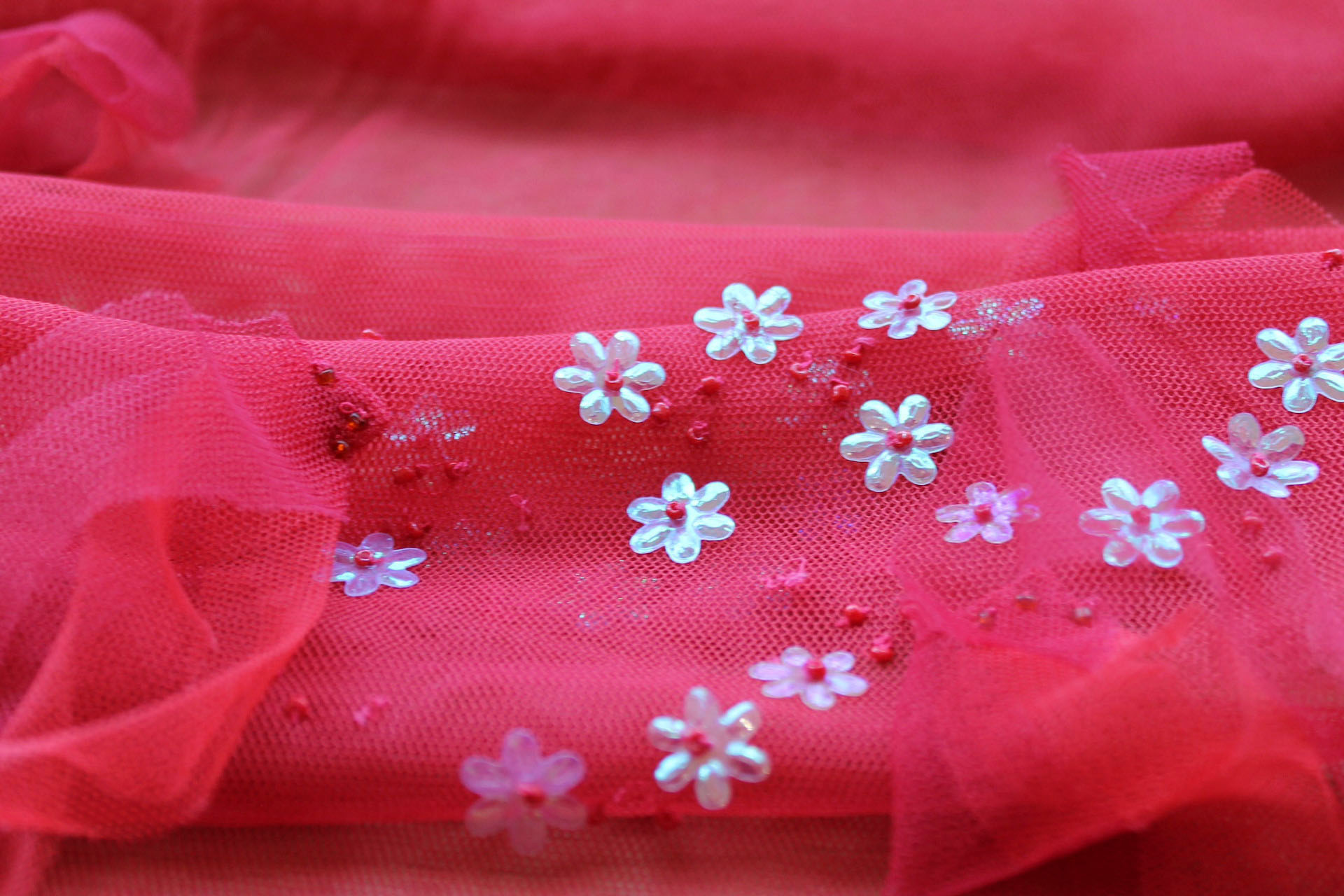Layered Red Tulle with Tassels and Flower Sequins fabric, image 4 of 4