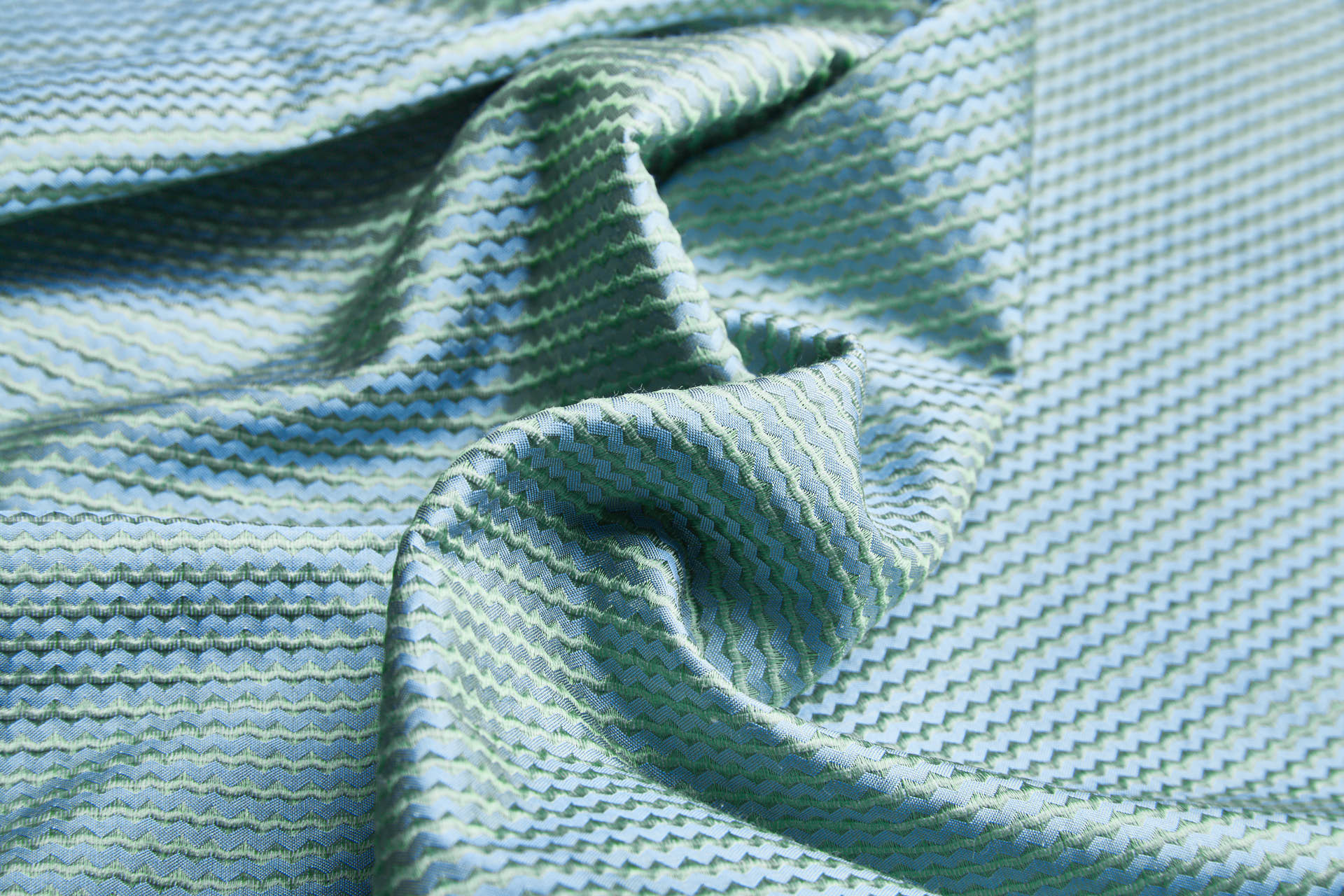 Pale Blue and Sage Green Zig-zag Brocade fabric
