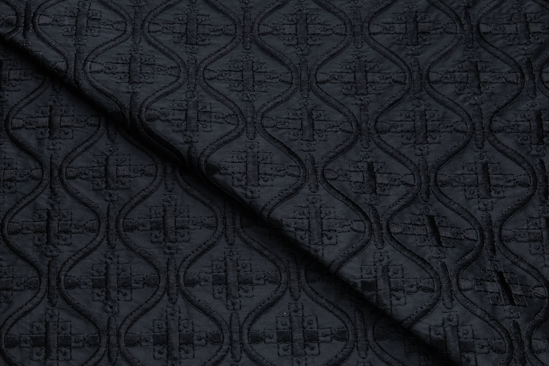 Black Decorative Ogee Trellis Pattern Embroidery fabric, image 2 of 9