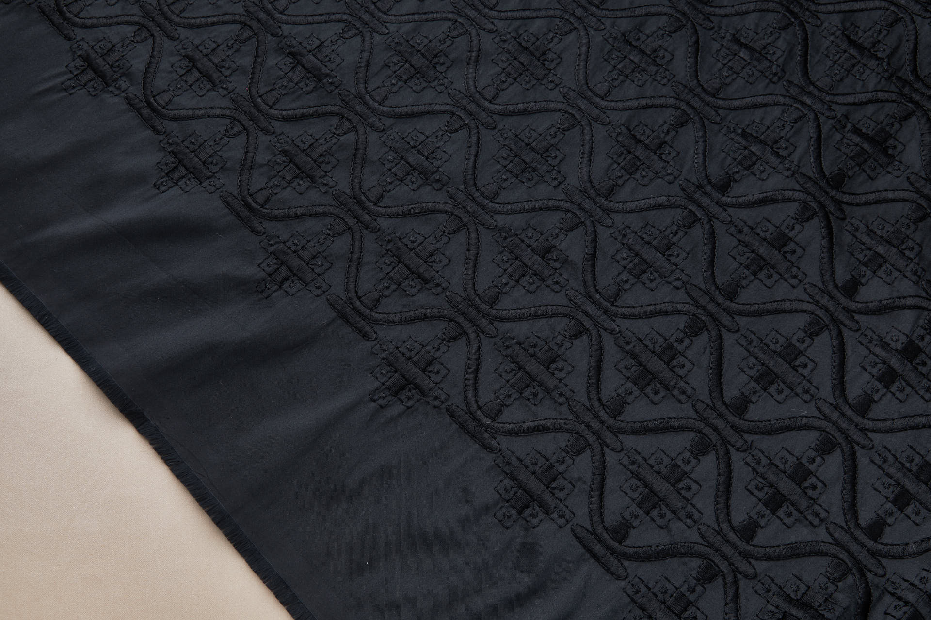Black Decorative Ogee Trellis Pattern Embroidery fabric, image 6 of 9