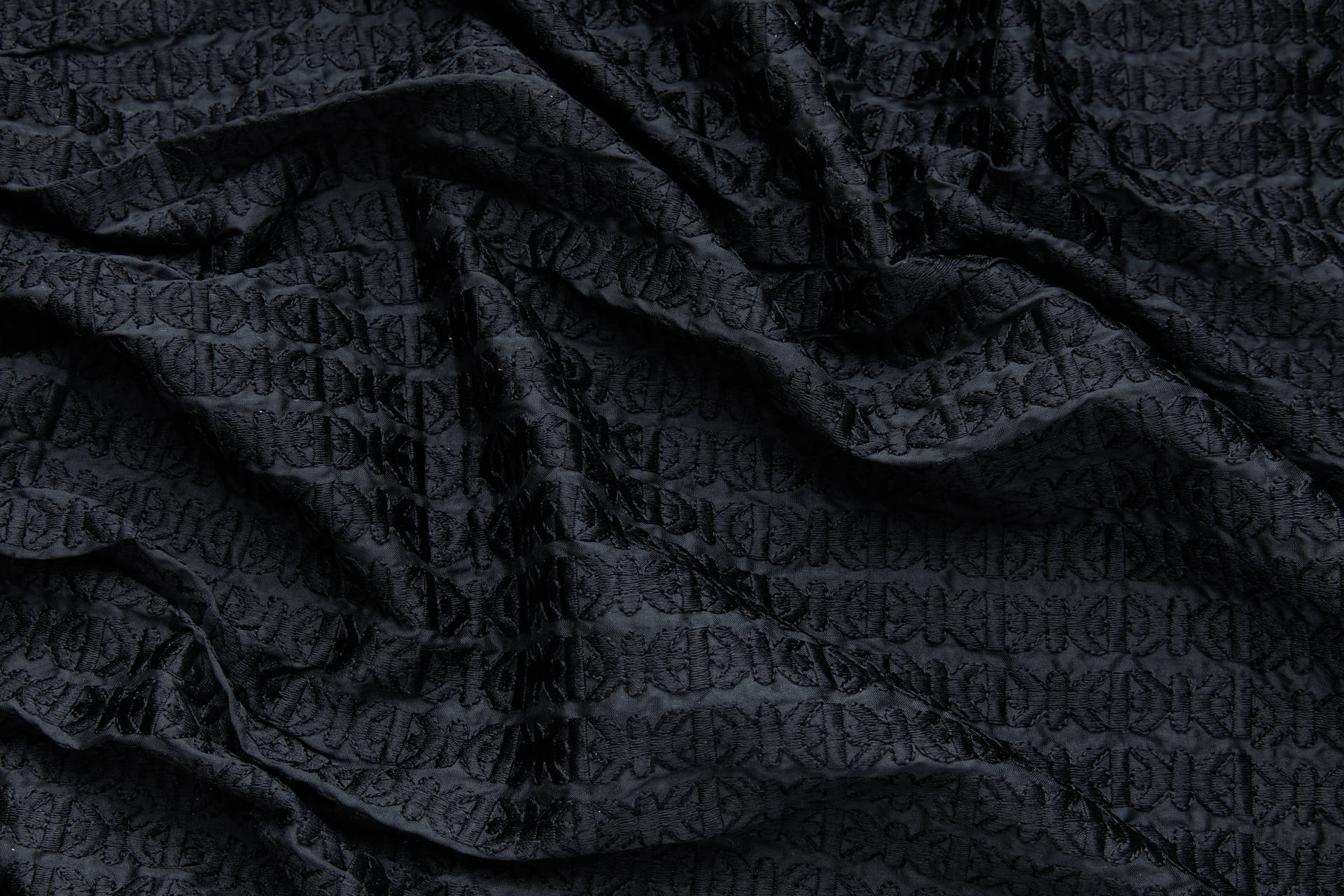 Black Small & Dense Trellis Pattern Embroidery on Dupion fabric, image 4 of 7