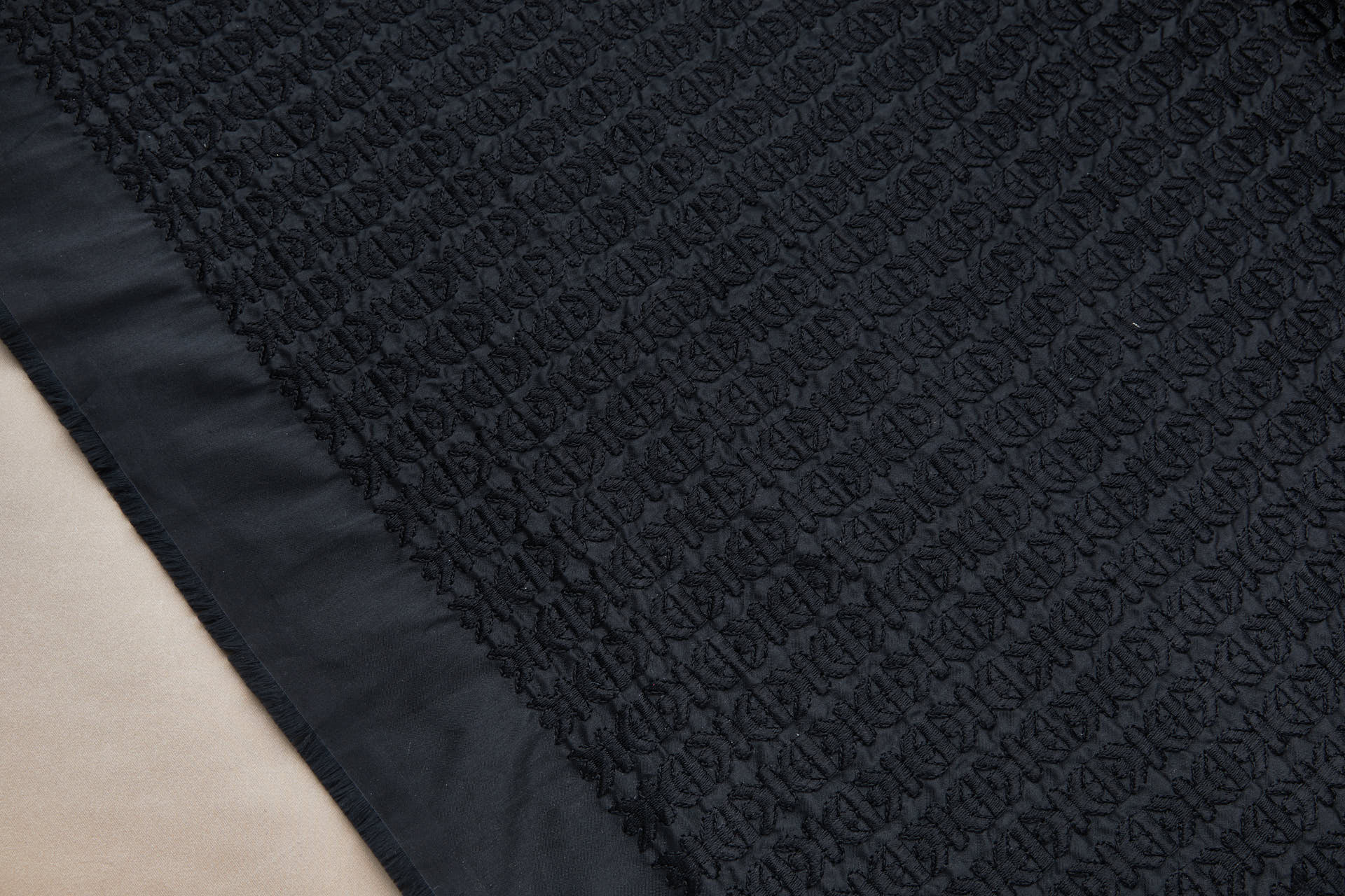 Black Small & Dense Trellis Pattern Embroidery on Dupion fabric, image 6 of 7
