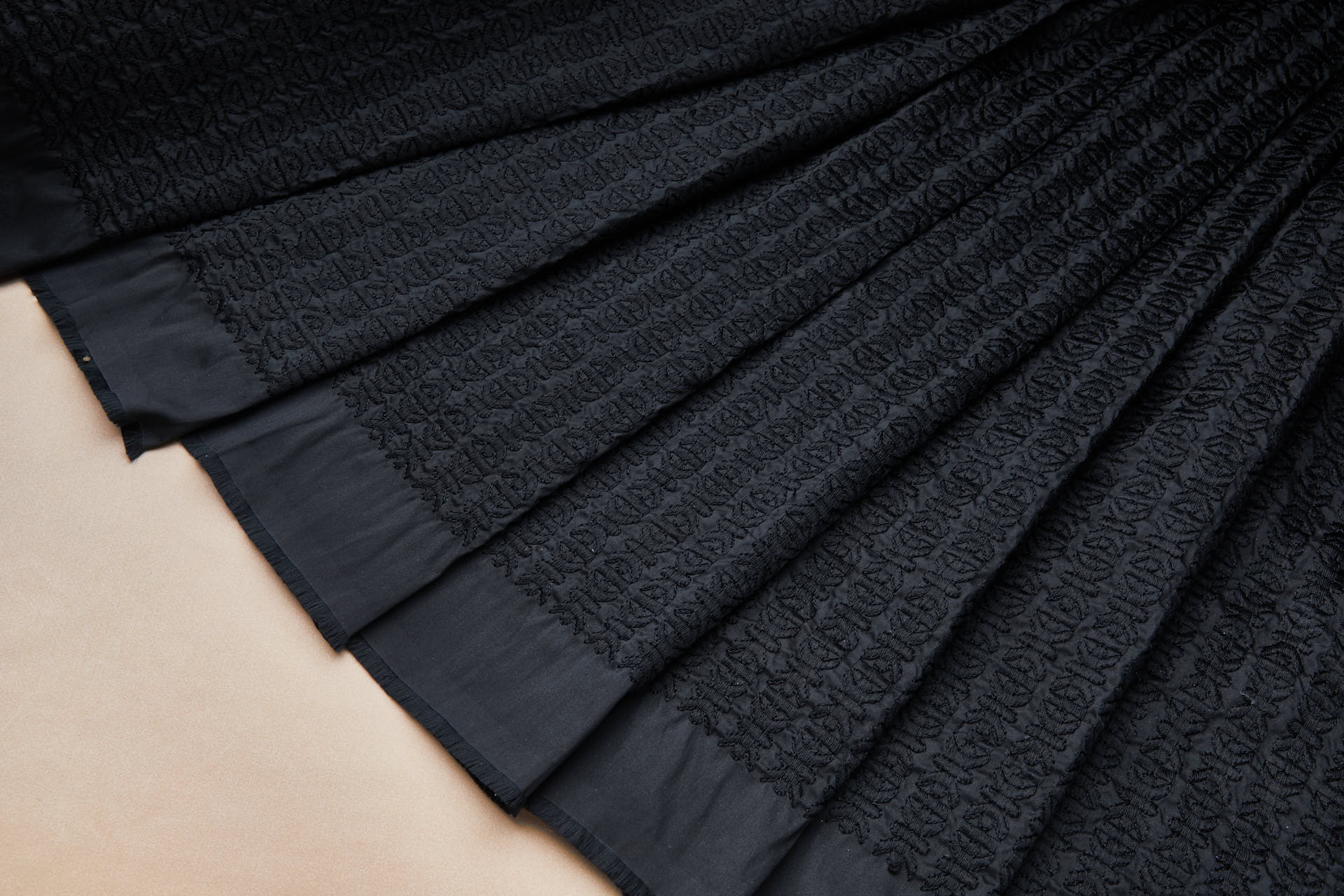 Black Small & Dense Trellis Pattern Embroidery on Dupion fabric