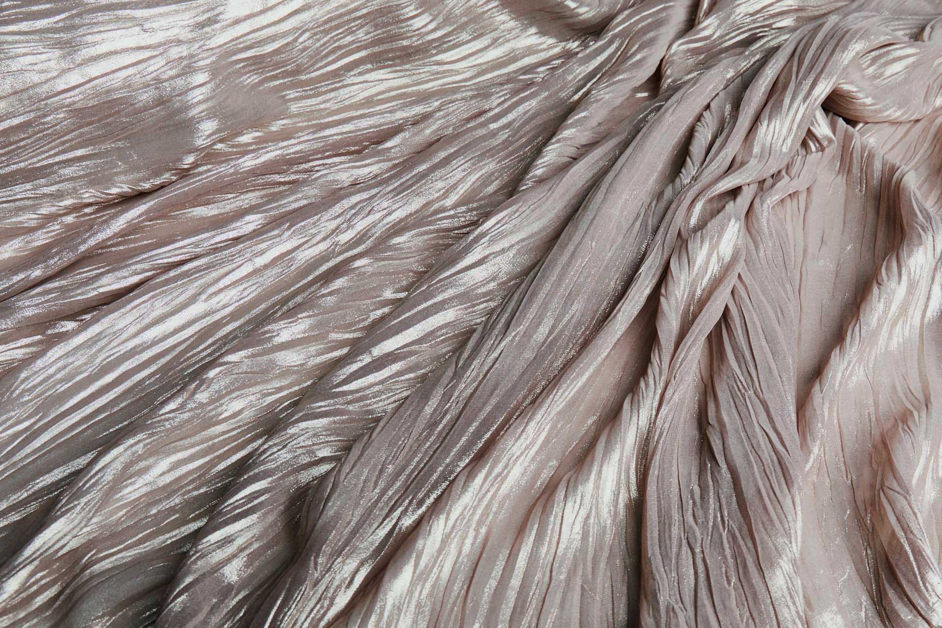 Foil Printed and Pleated Polyester Chiffon - Mushroom / Pale Gold fabric, image 3 of 8