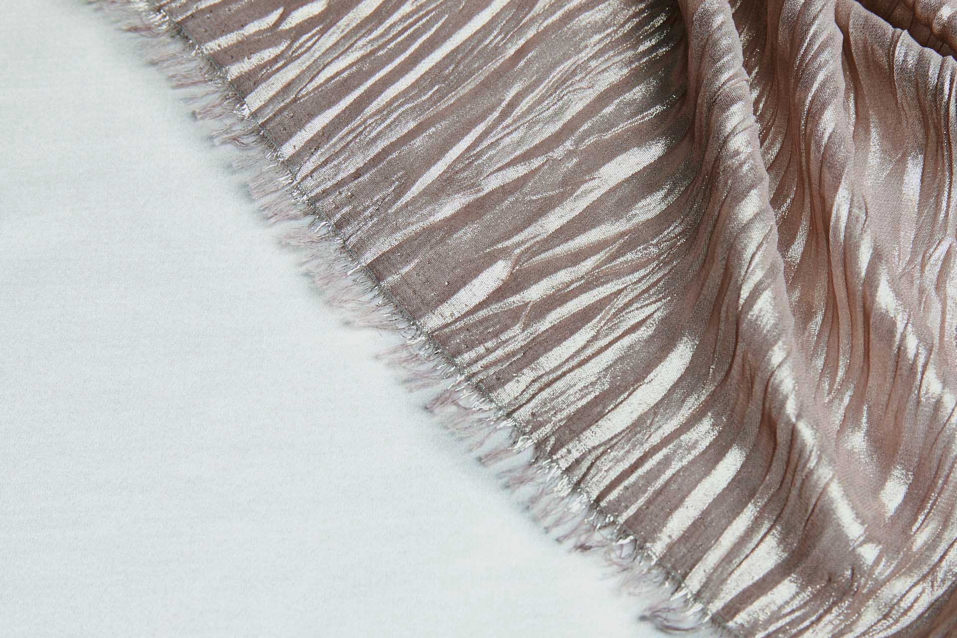 Foil Printed and Pleated Polyester Chiffon - Mushroom / Pale Gold fabric, image 6 of 8