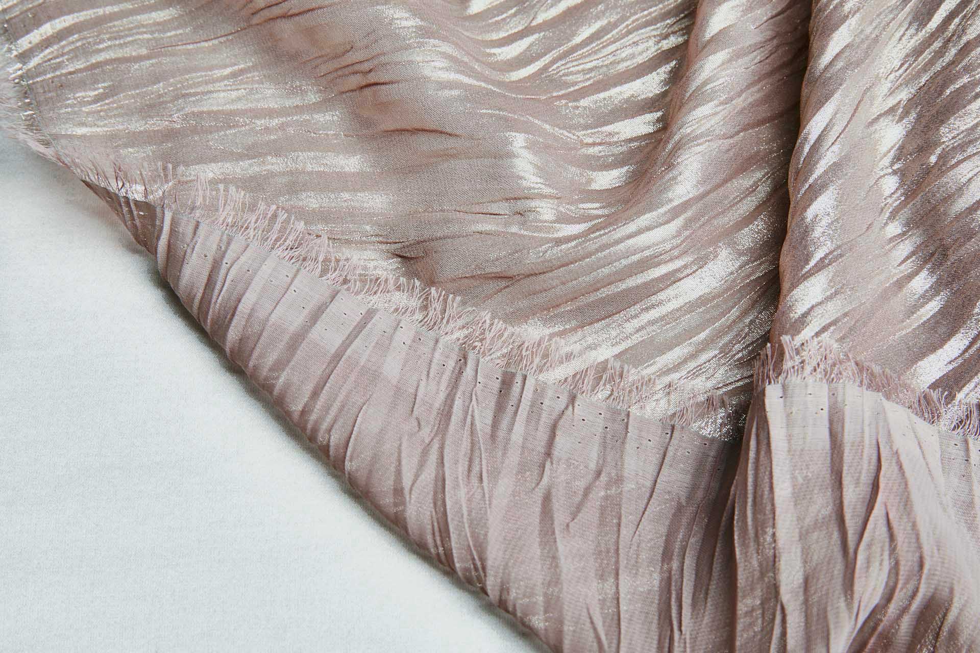 Foil Printed and Pleated Polyester Chiffon - Mushroom / Pale Gold fabric, image 7 of 8
