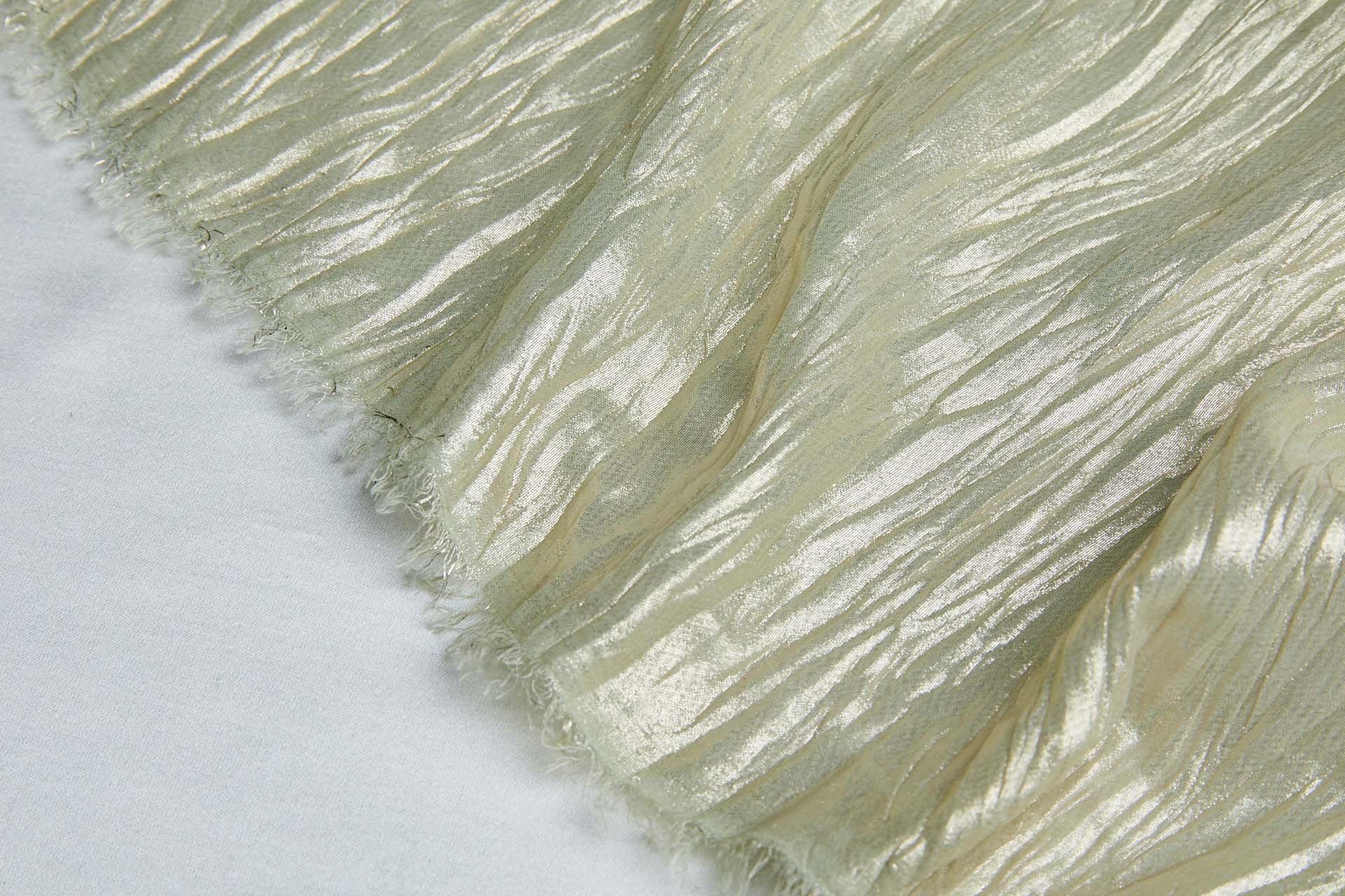Foil Printed and Pleated Polyester Chiffon - Pale Khaki / Pale Gold fabric, image 7 of 9