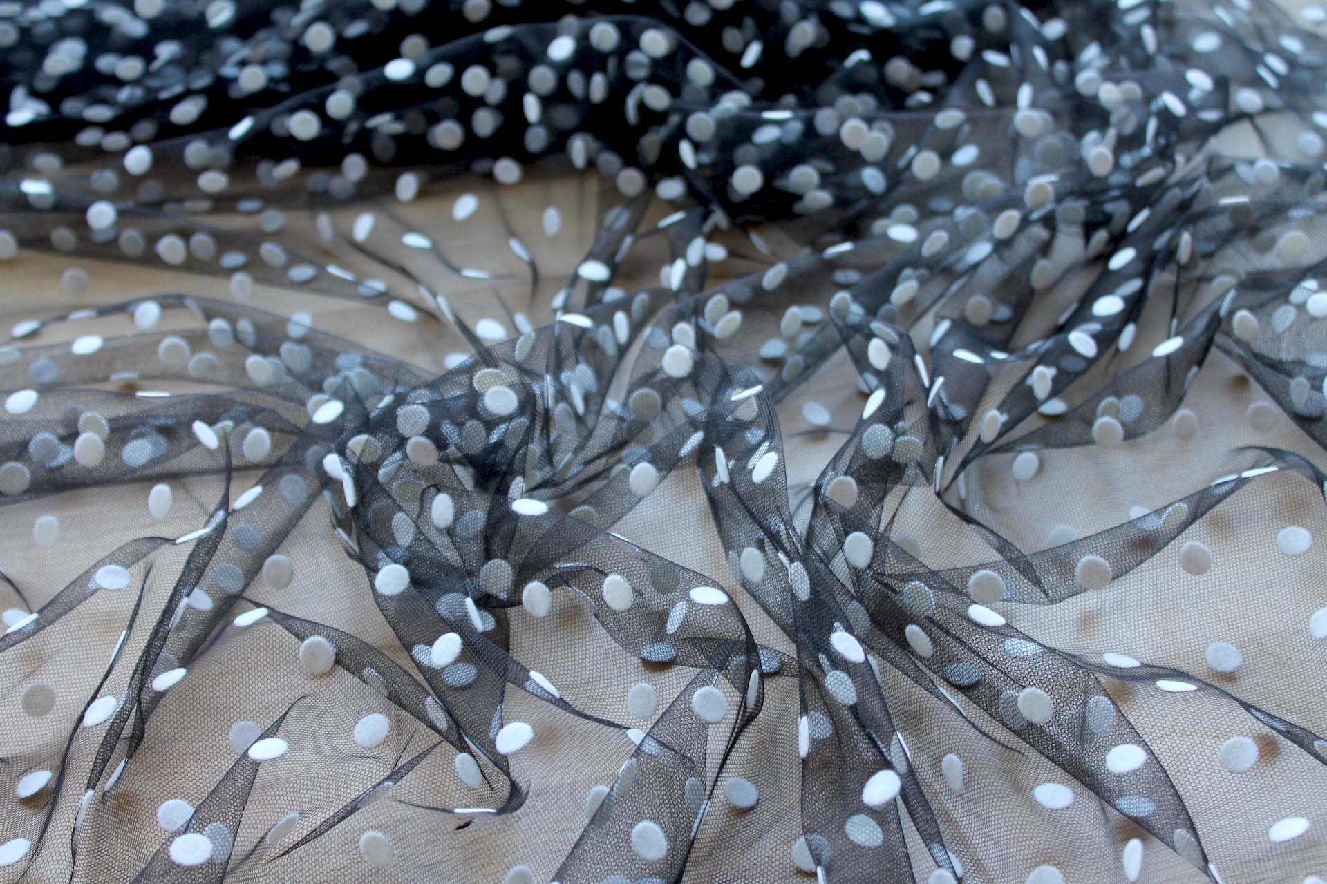Flock Polka Dot / Spot Tulle - White on Black - Medium fabric, image 2 of 7