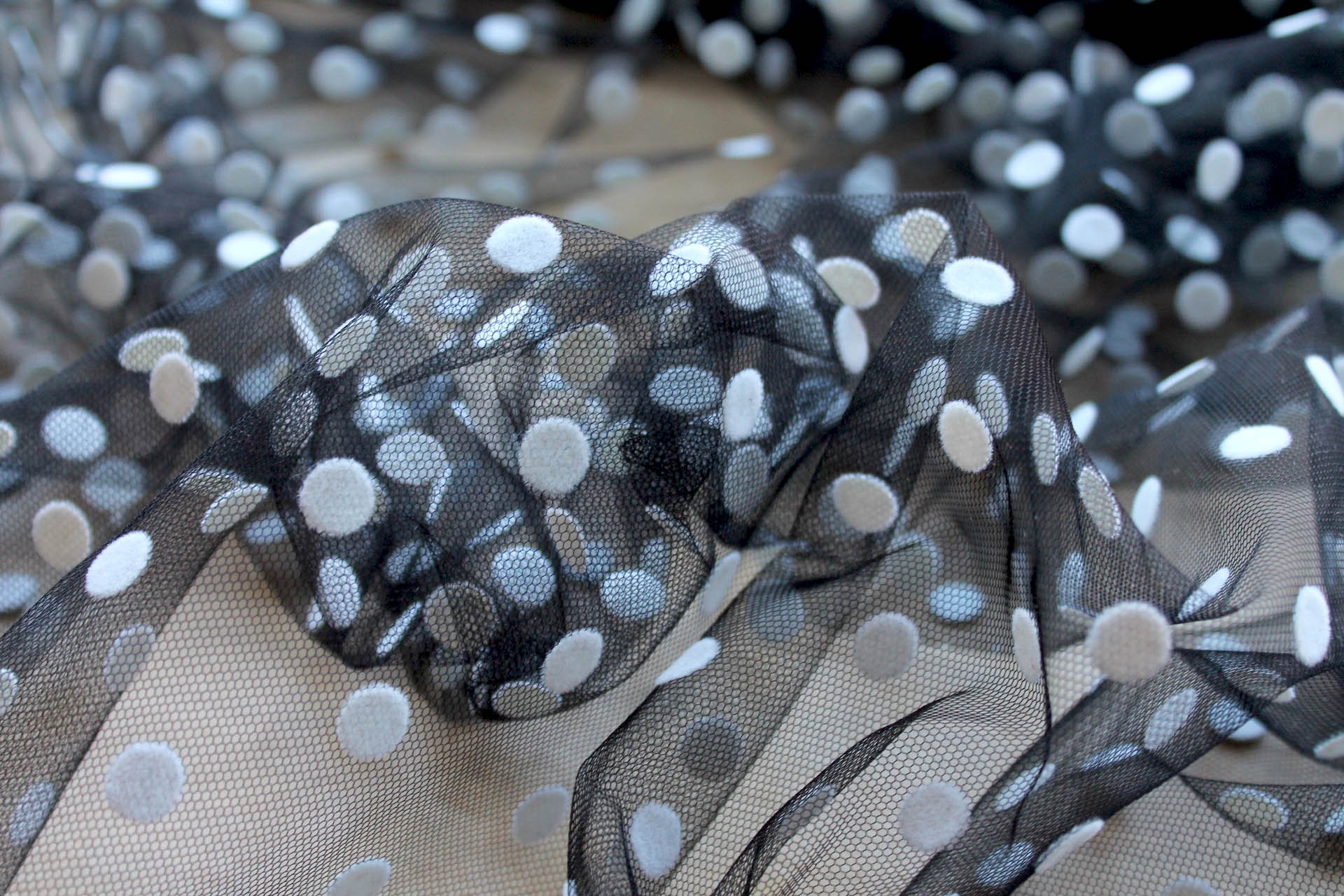 Flock Polka Dot / Spot Tulle - White on Black - Medium fabric