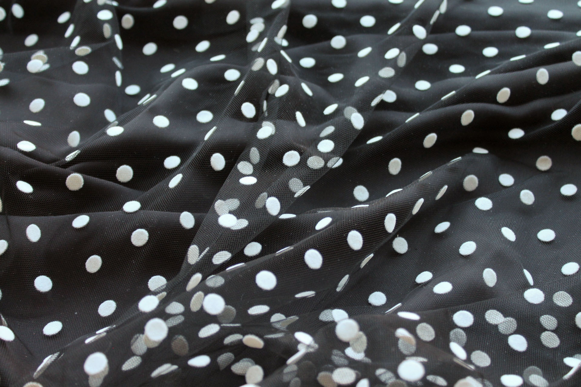 Flock Polka Dot / Spot Tulle - White on Black - Medium fabric, image 3 of 7