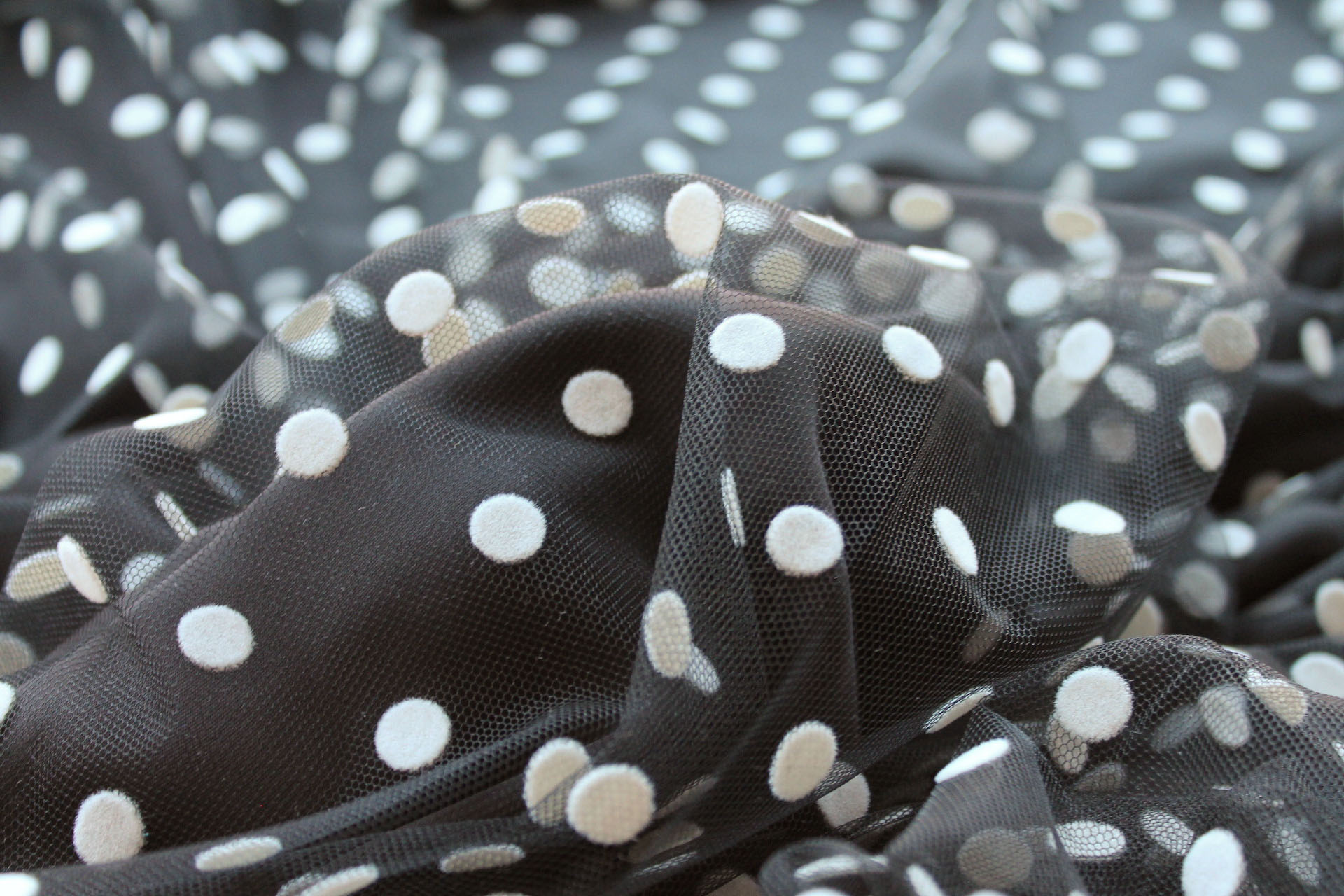 Flock Polka Dot / Spot Tulle - White on Black - Medium fabric, image 4 of 7