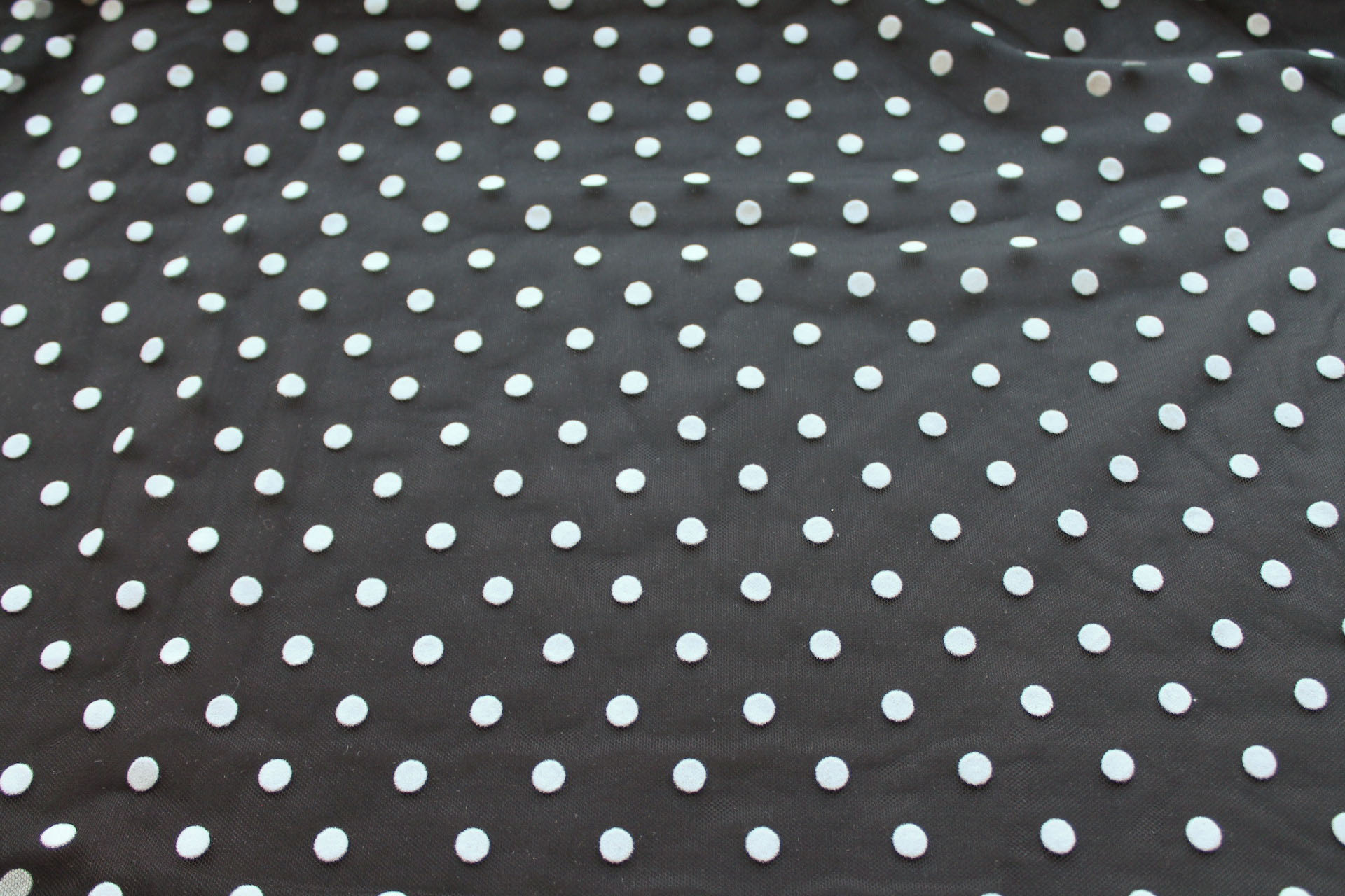 Flock Polka Dot / Spot Tulle - White on Black - Medium fabric, image 5 of 7