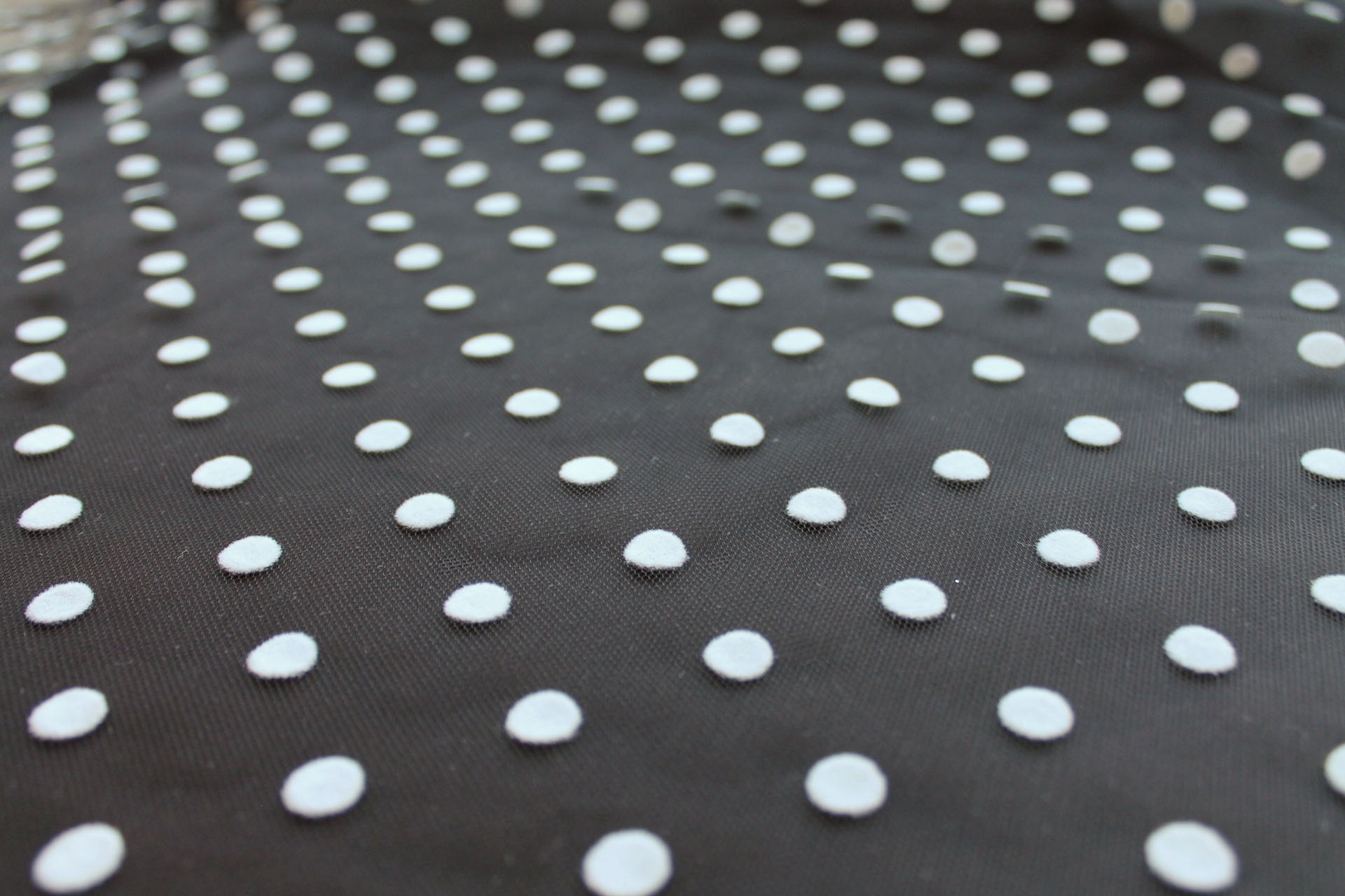 Flock Polka Dot / Spot Tulle - White on Black - Medium fabric, image 6 of 7