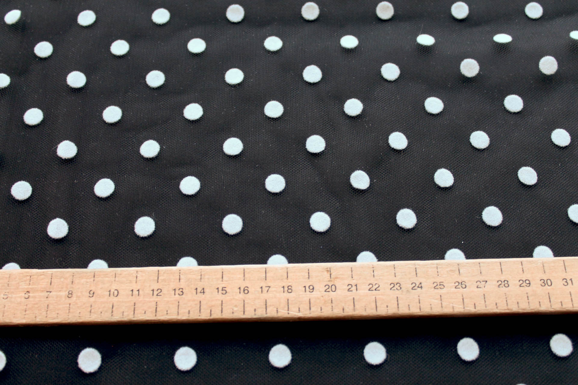 Flock Polka Dot / Spot Tulle - White on Black - Medium fabric, image 7 of 7