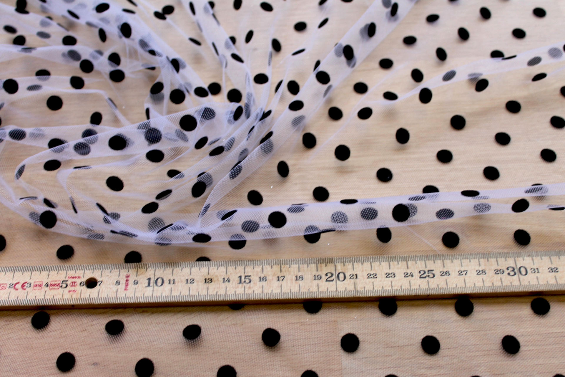 Flock Polka Dot / Spot Tulle - Black on White - Medium fabric, image 5 of 6