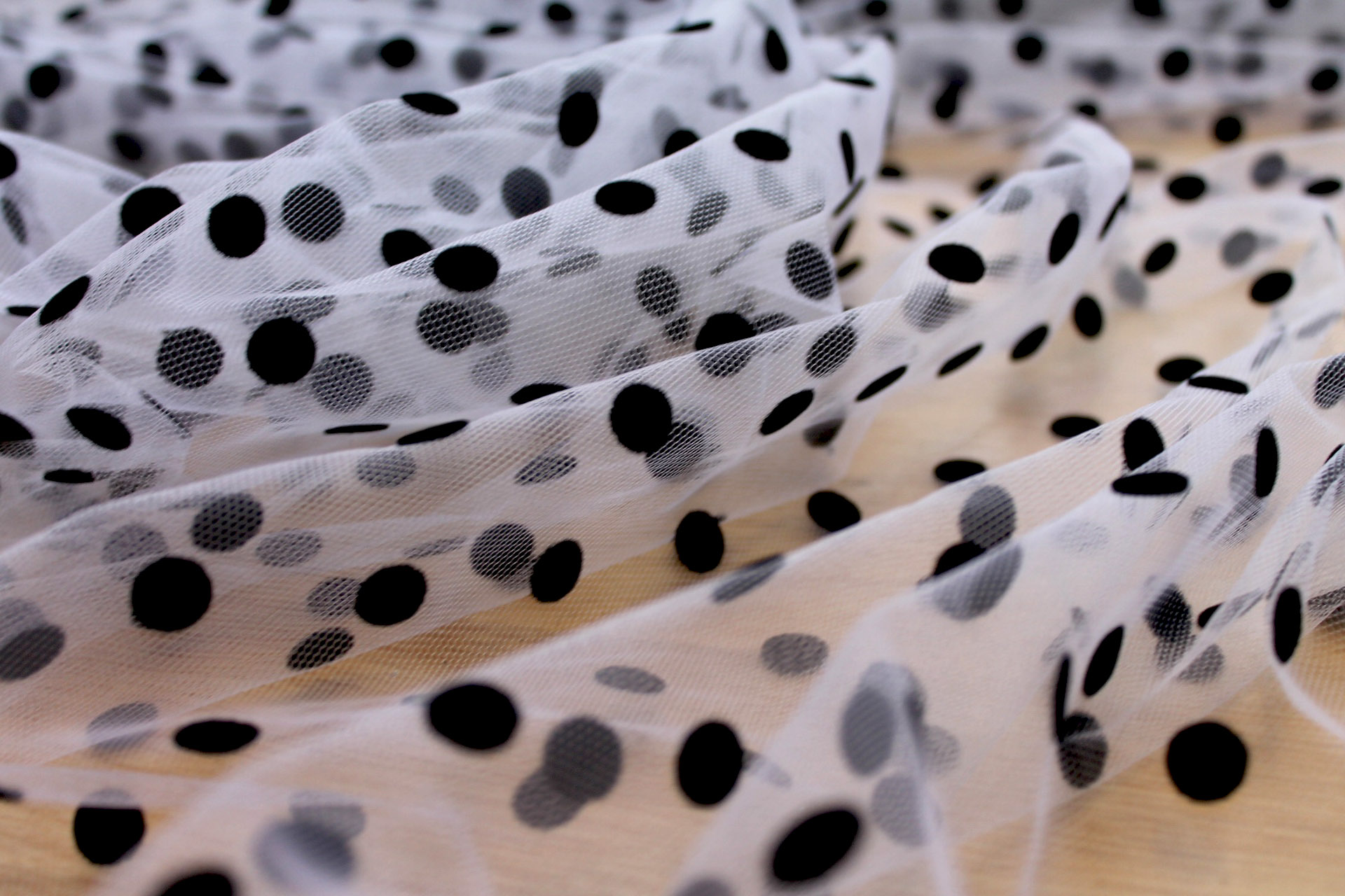 Flock Polka Dot / Spot Tulle - Black on White - Medium fabric, image 2 of 6