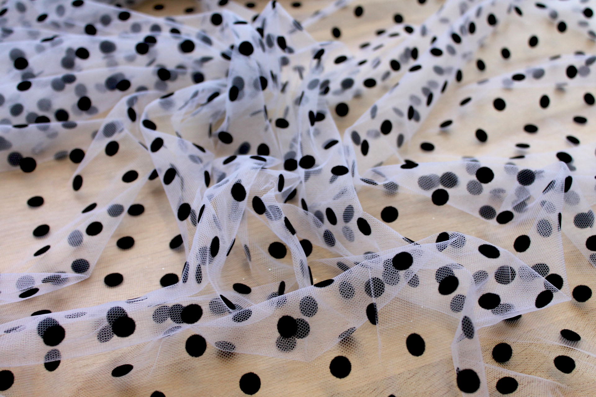 Flock Polka Dot / Spot Tulle - Black on White - Medium fabric