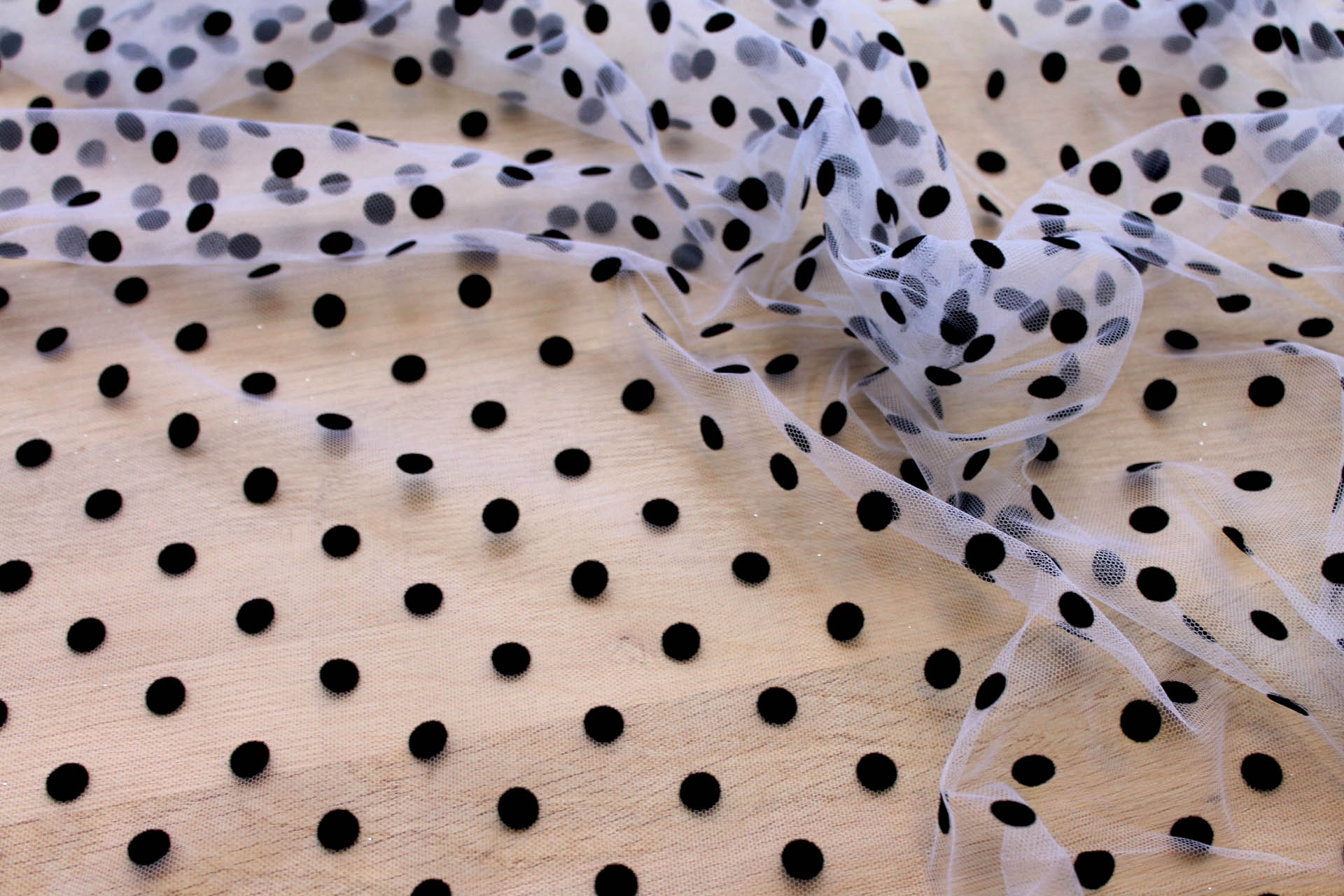 Flock Polka Dot / Spot Tulle - Black on White - Medium fabric, image 6 of 6