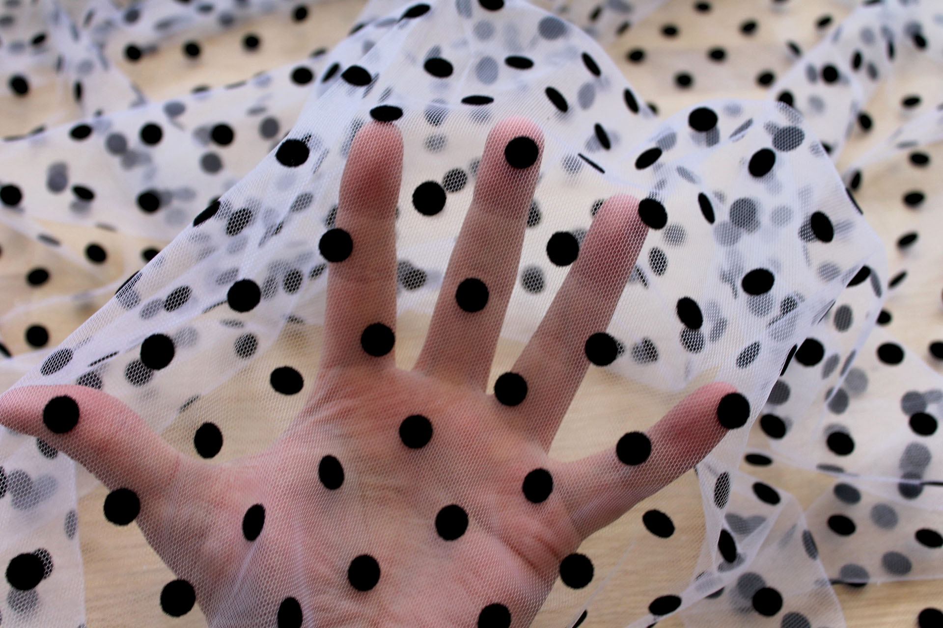 Flock Polka Dot / Spot Tulle - Black on White - Medium fabric, image 3 of 6