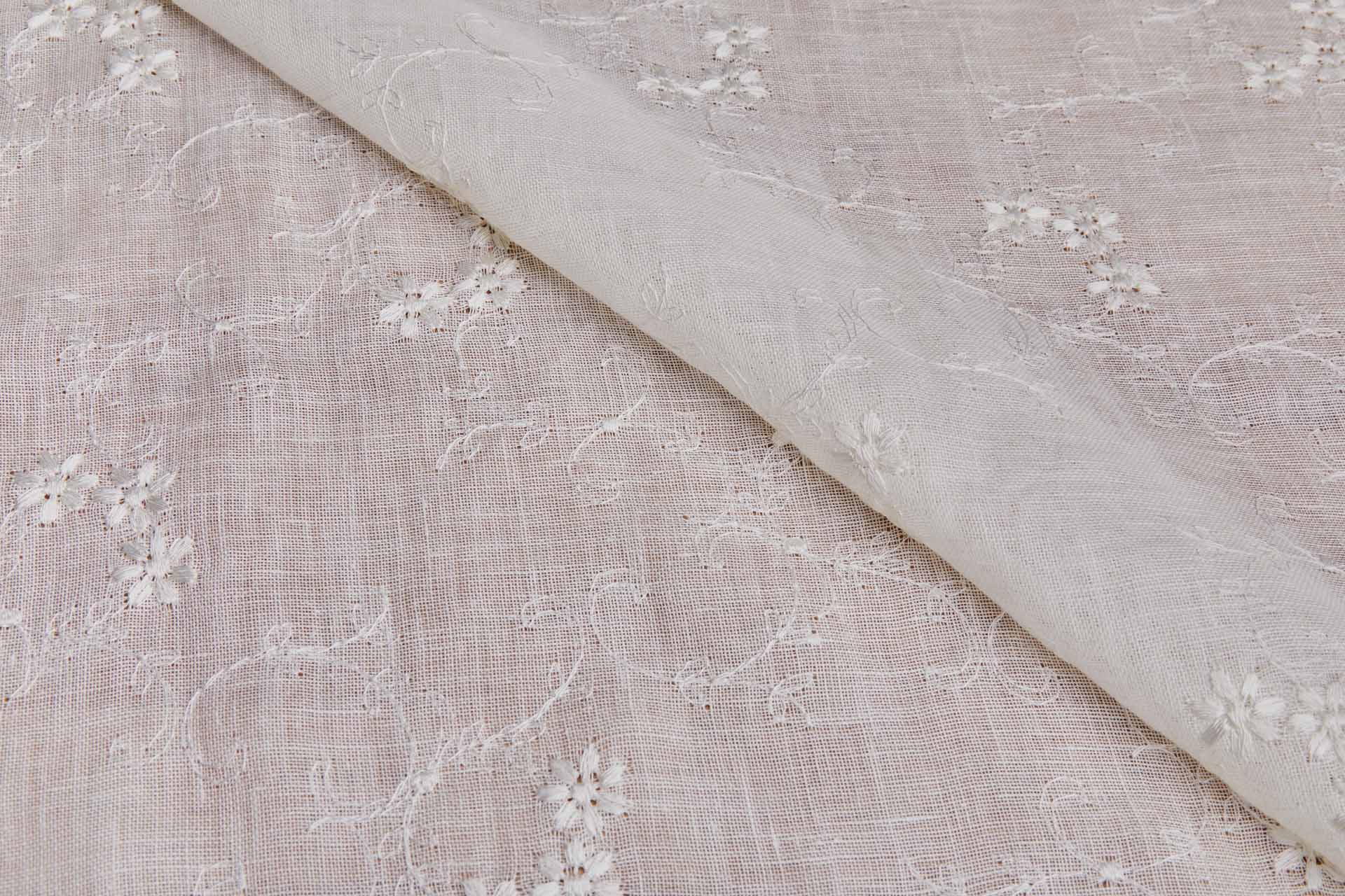 Floral Embroidered Ivory Linen Gauze fabric