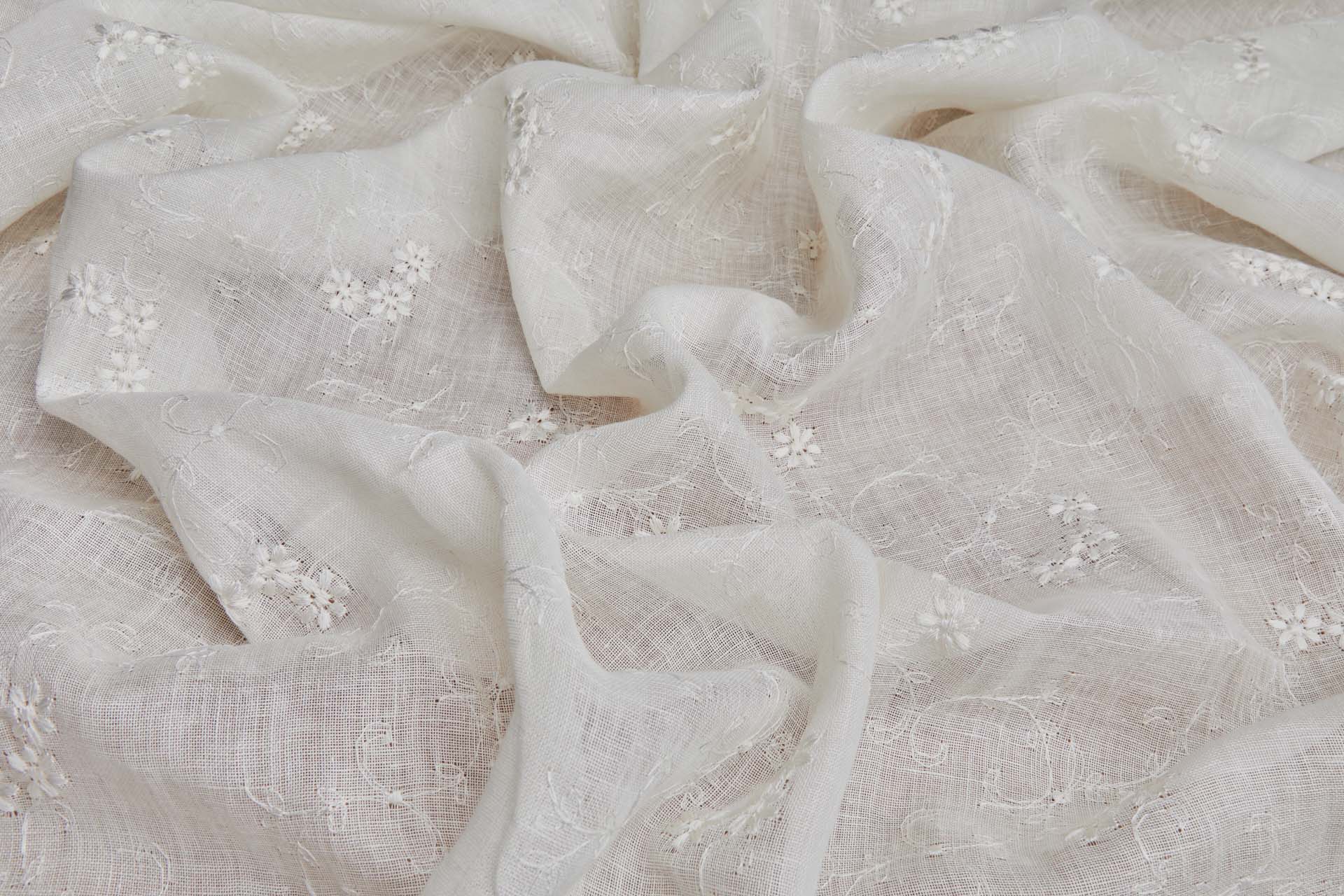 Floral Embroidered Ivory Linen Gauze fabric, image 3 of 7