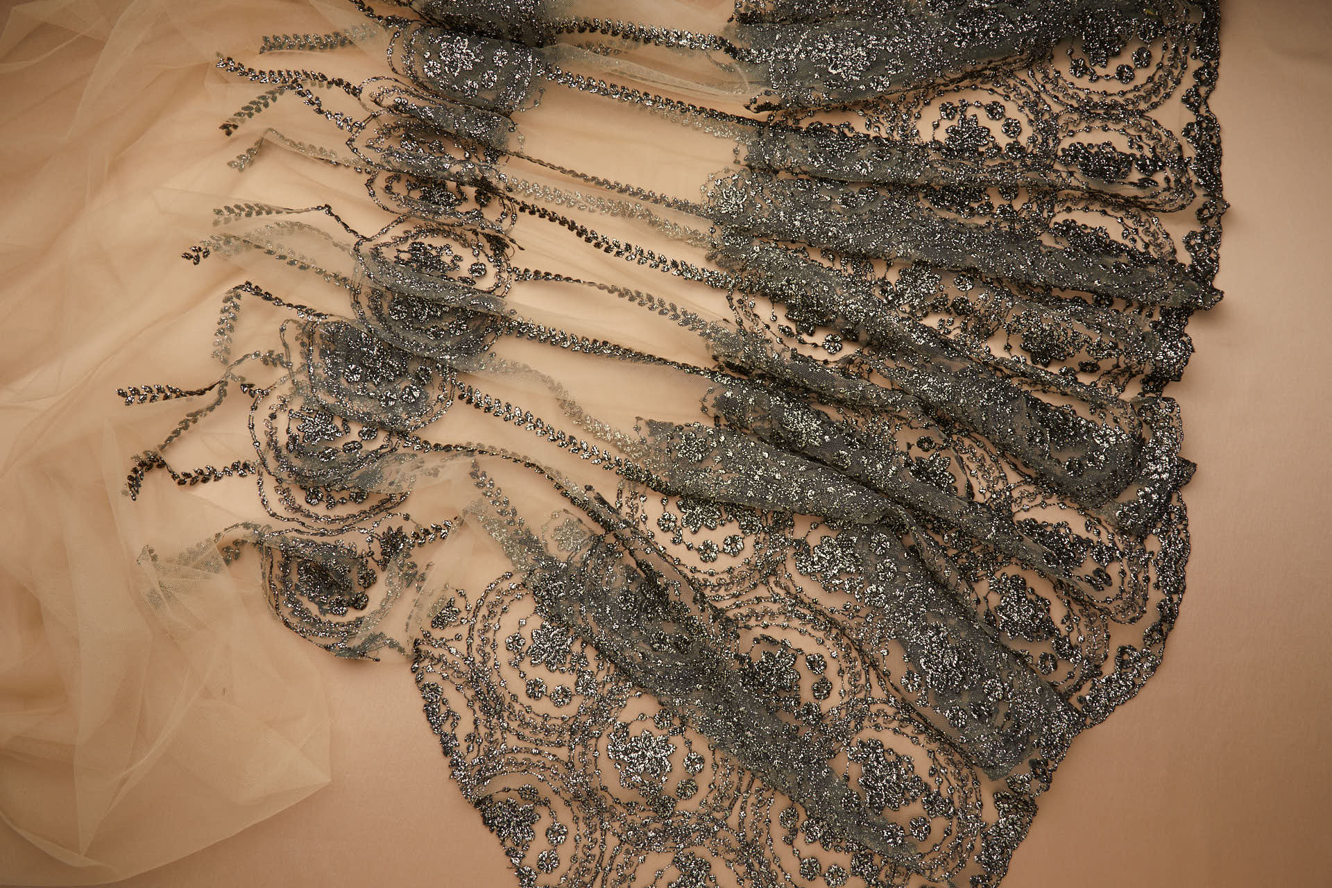 Floral Medallion Black and Gold Embroidery on BlNudeck Illusion Tulle fabric, image 10 of 11