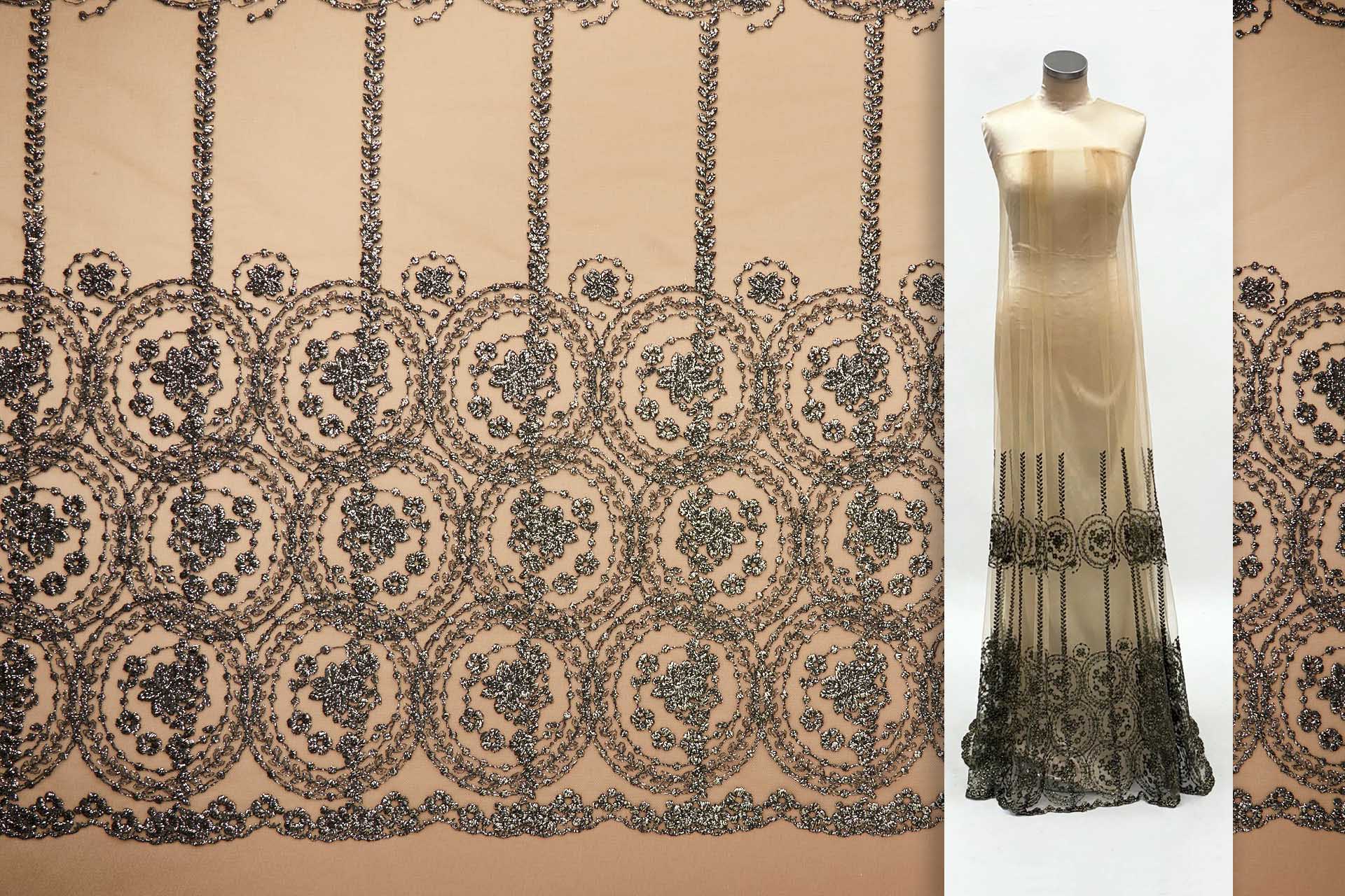 Floral Medallion Black and Gold Embroidery on BlNudeck Illusion Tulle fabric