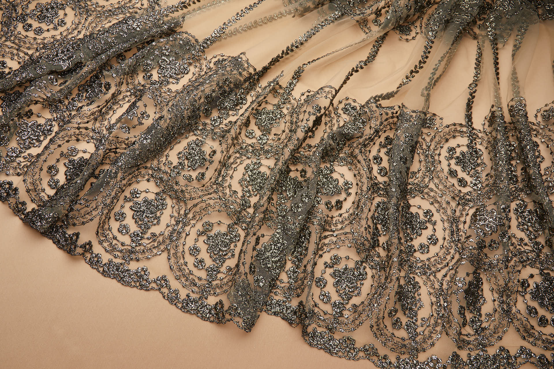 Floral Medallion Black and Gold Embroidery on BlNudeck Illusion Tulle fabric, image 2 of 11