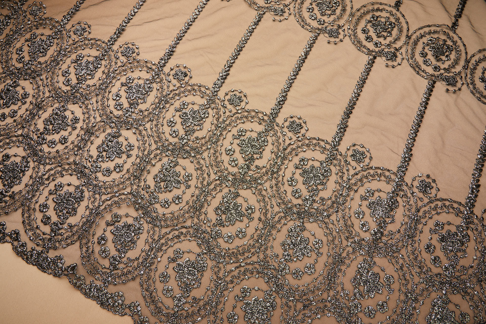 Floral Medallion Black and Gold Embroidery on Black Illusion Tulle fabric, image 6 of 18
