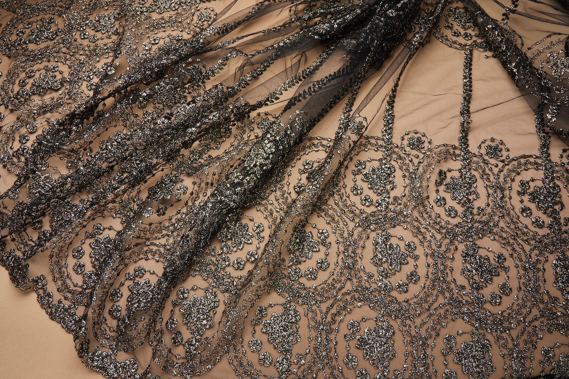 Floral Medallion Black and Gold Embroidery on Black Illusion Tulle fabric, image 3 of 18
