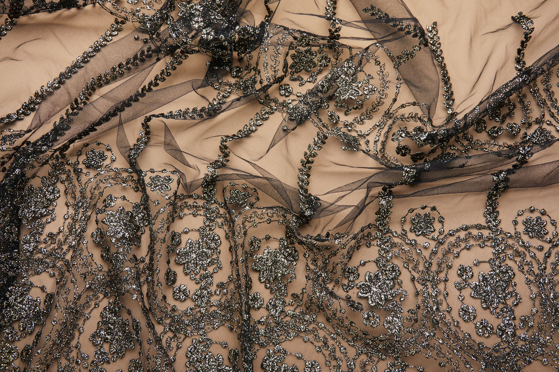 Floral Medallion Black and Gold Embroidery on Black Illusion Tulle fabric, image 4 of 18