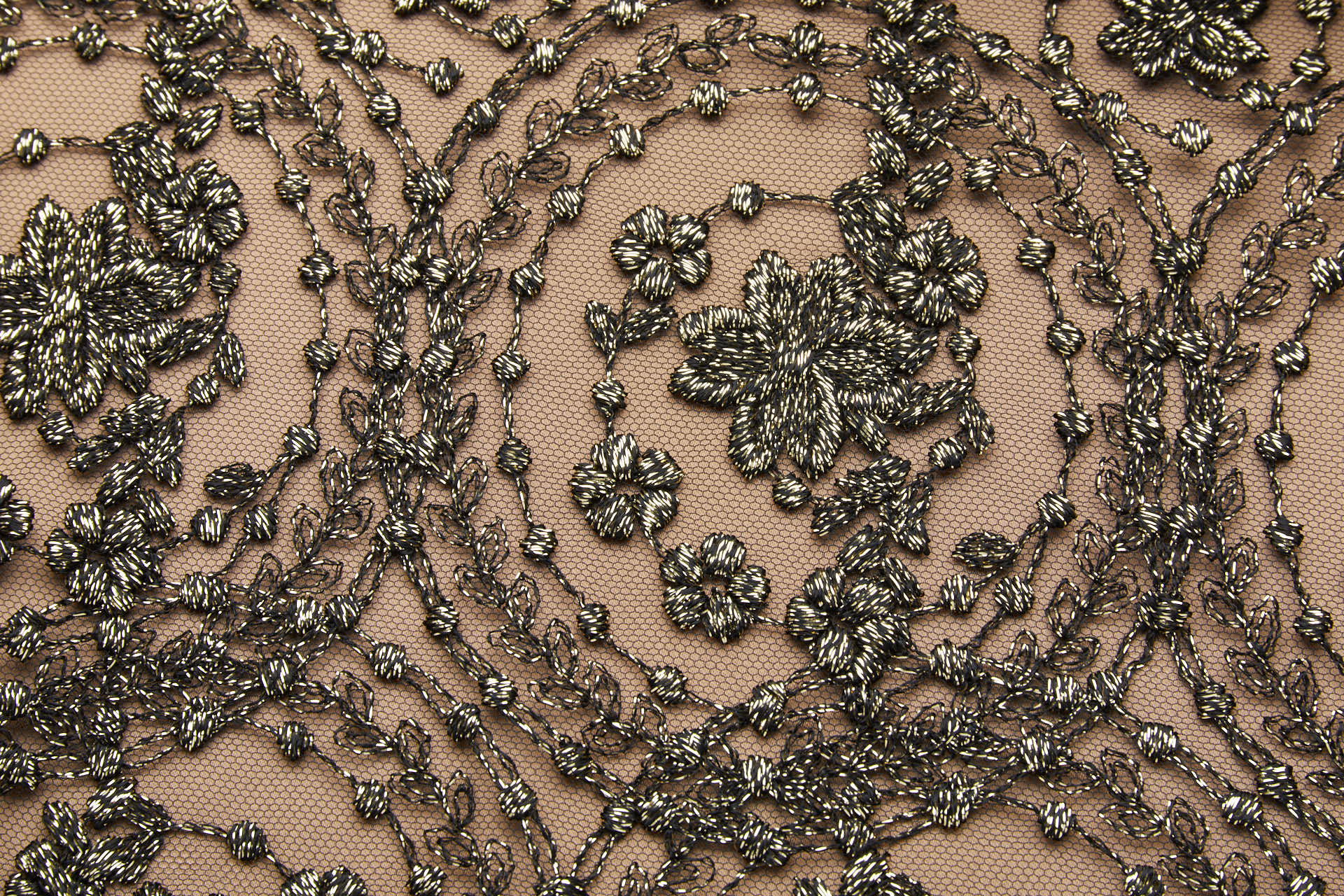 Floral Medallion Black and Gold Embroidery on Black Illusion Tulle fabric, image 17 of 18