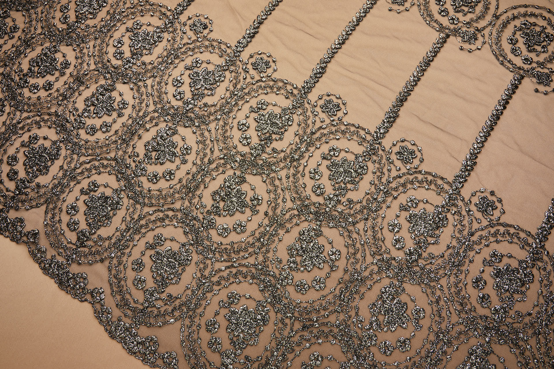Floral Medallion Black and Gold Embroidery on Black Illusion Tulle fabric, image 12 of 18