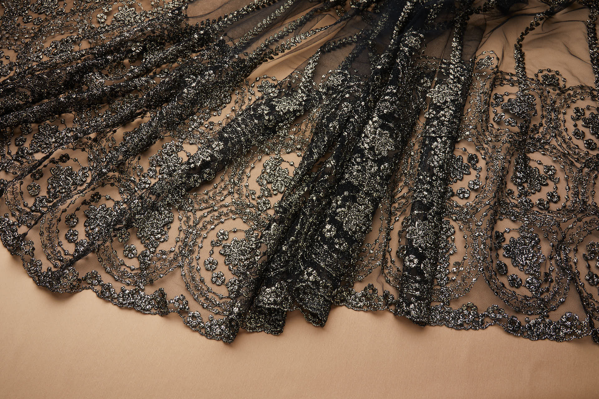 Floral Medallion Black and Gold Embroidery on Black Illusion Tulle fabric, image 13 of 18