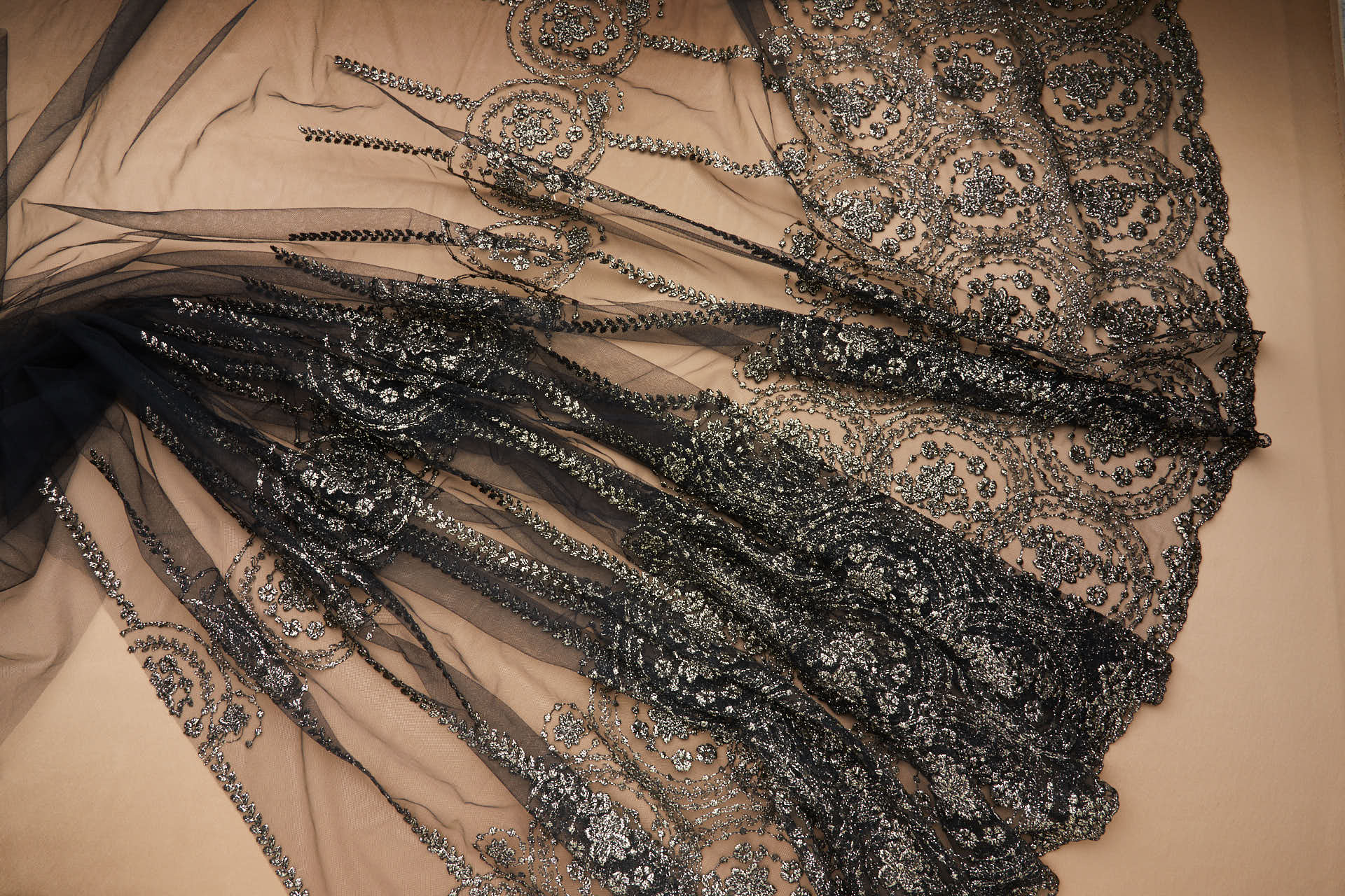 Floral Medallion Black and Gold Embroidery on Black Illusion Tulle fabric, image 15 of 18