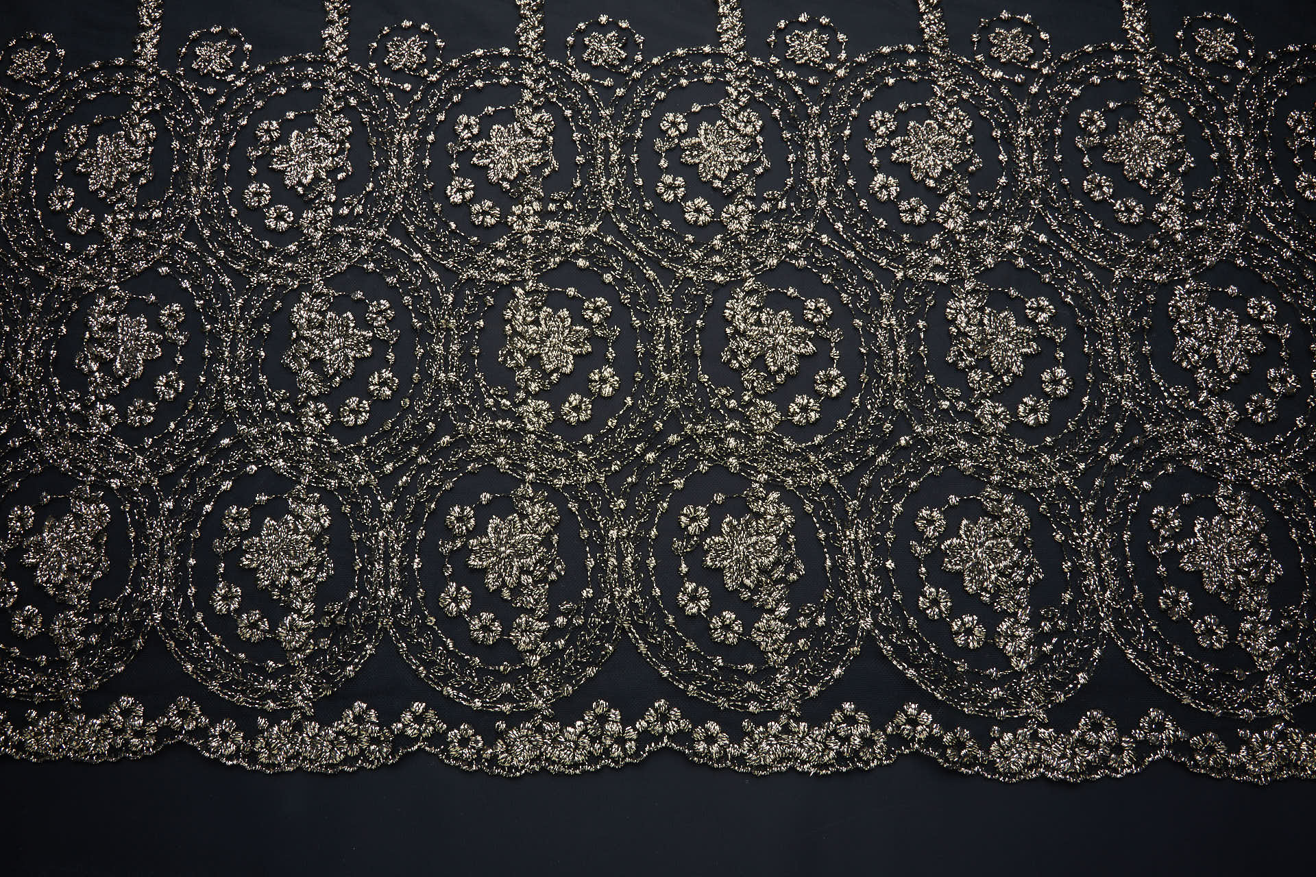 Floral Medallion Black and Gold Embroidery on Black Illusion Tulle fabric, image 8 of 18