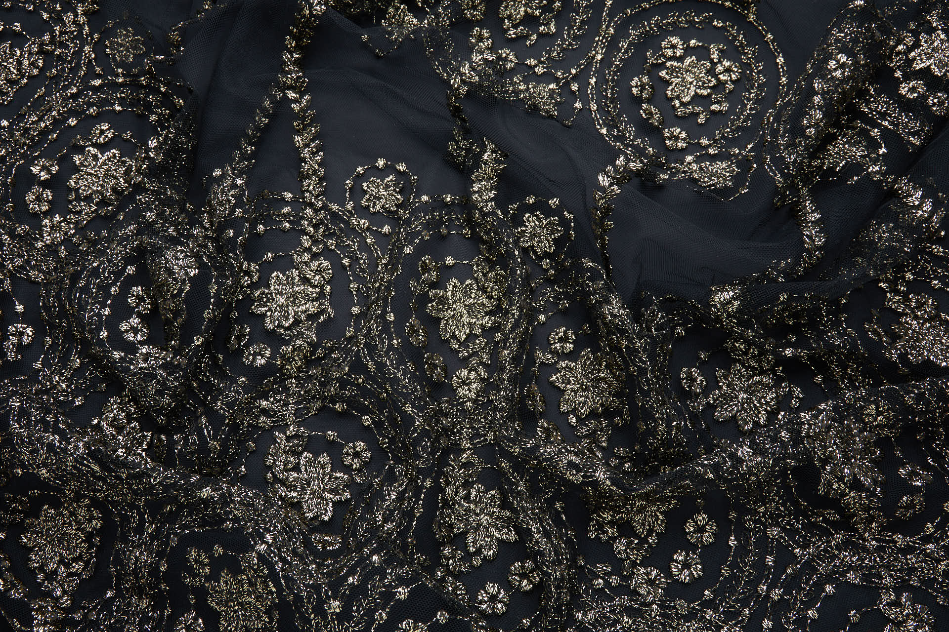 Floral Medallion Black and Gold Embroidery on Black Illusion Tulle fabric, image 5 of 18