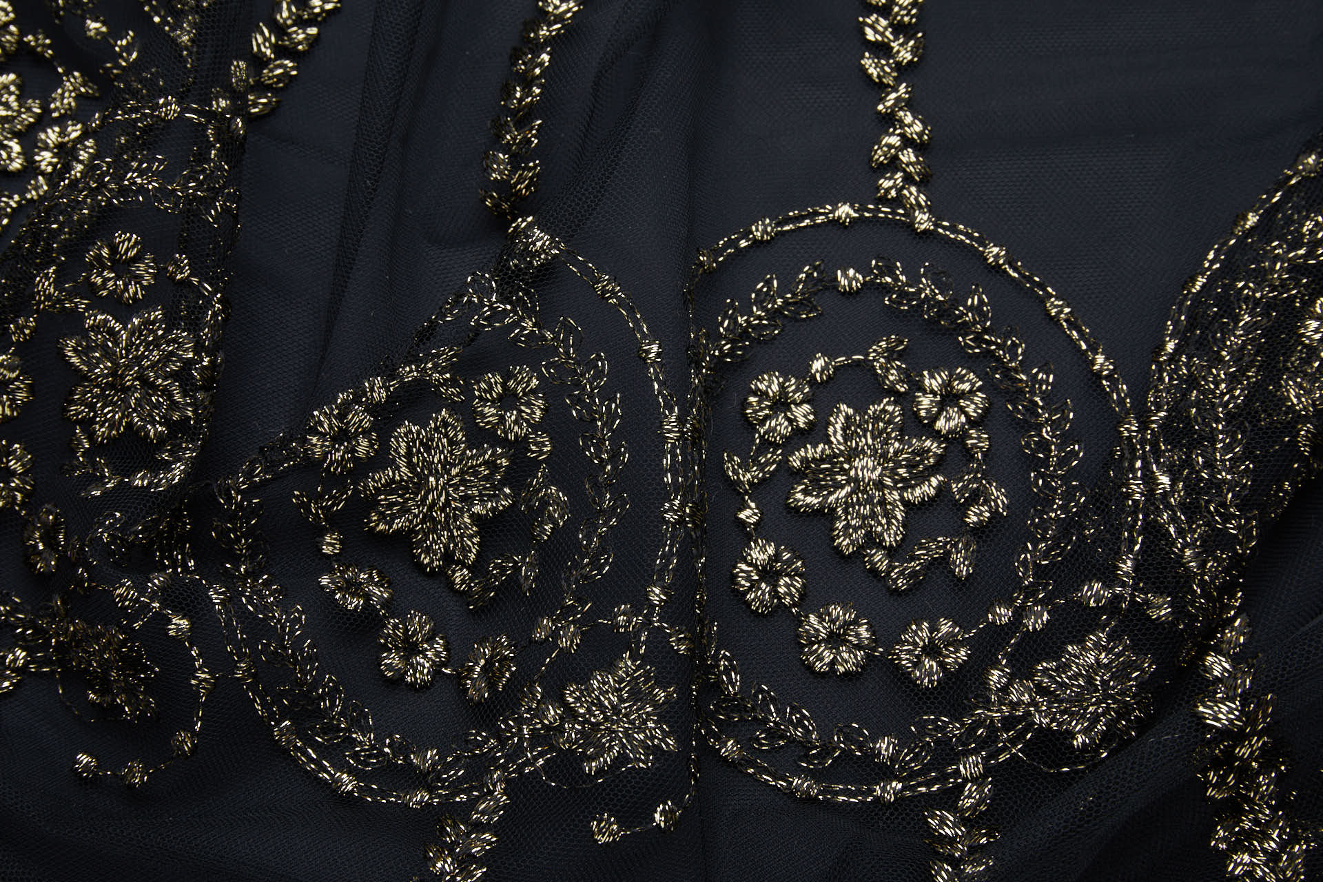 Floral Medallion Black and Gold Embroidery on Black Illusion Tulle fabric, image 2 of 18